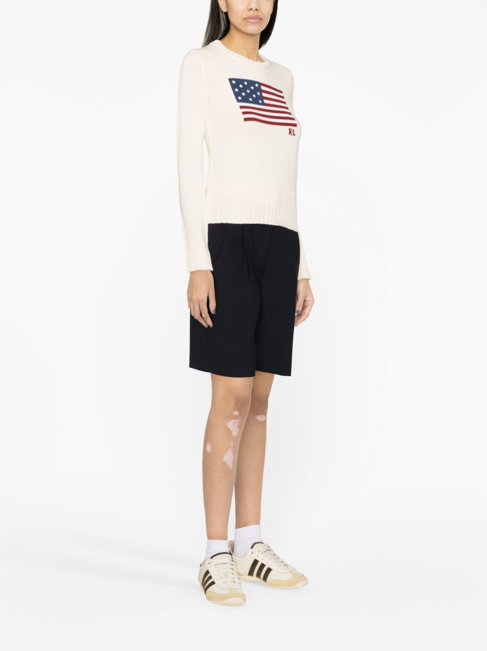 POLO RALPH LAUREN Classic Crewneck Long Sleeve Jumper with American Flag Embroidery - Size S