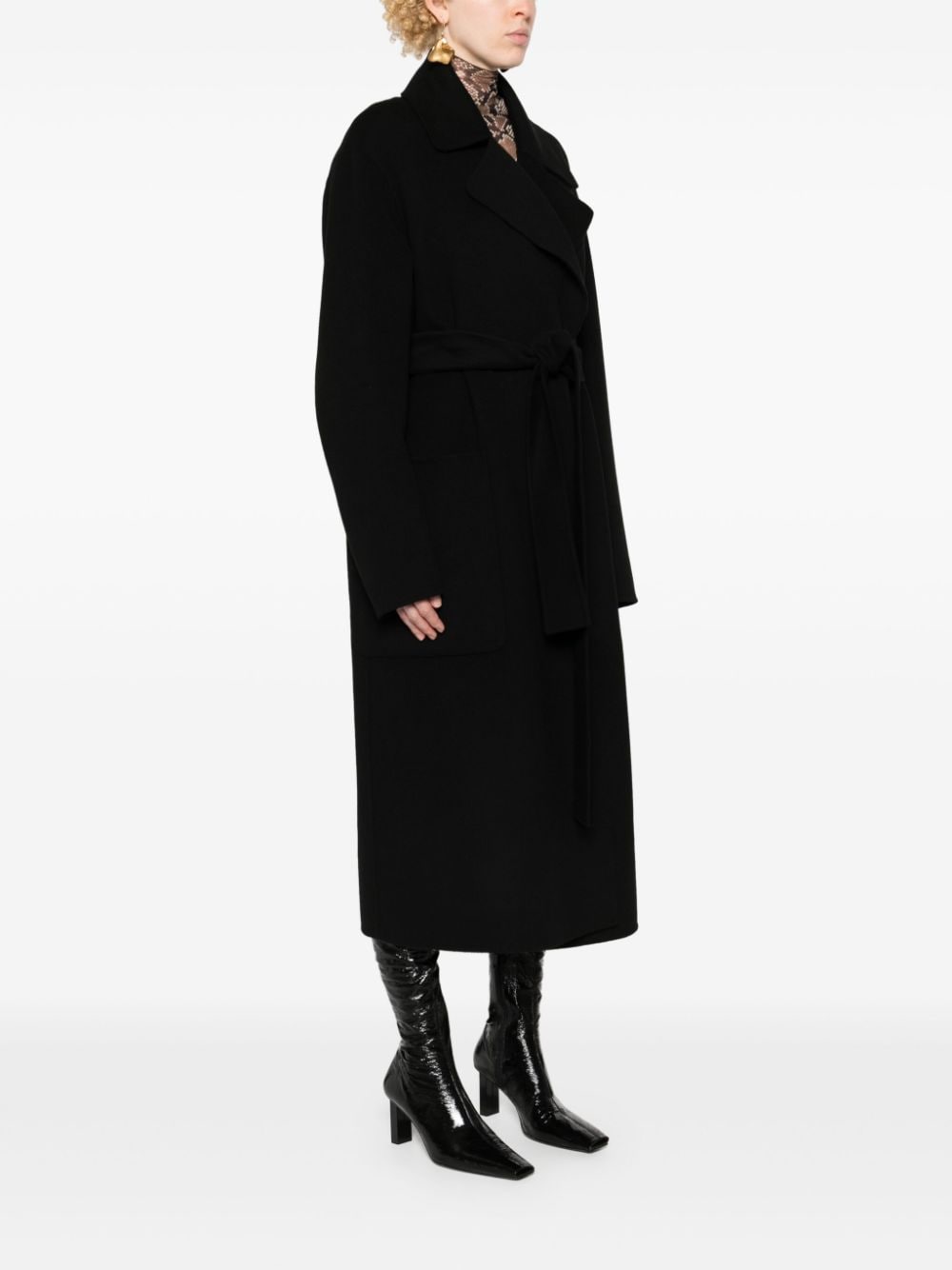 MAX MARA SPORTMAX Wool Long Jacket with Belted Waist and Wide Notch Lapels