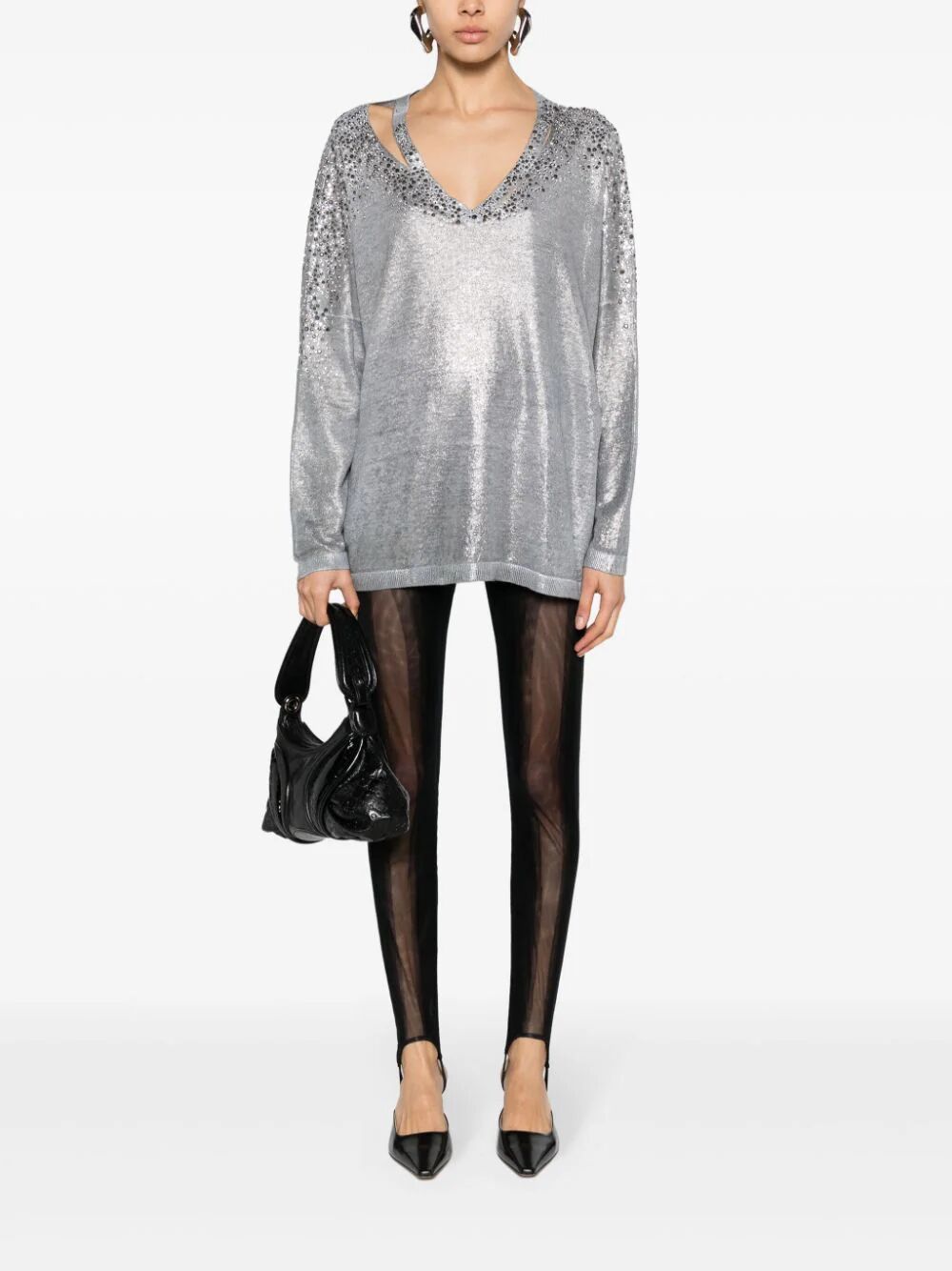 AVANT TOI Linen Cotton V-Neck Pullover with Lamination and Strass