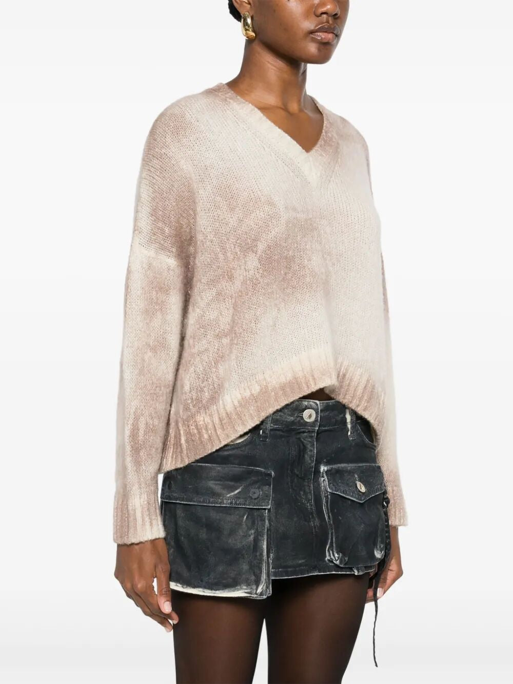 AVANT TOI Marble Effect Brushed Cashmere and Silk V Neck Oversized Pullover