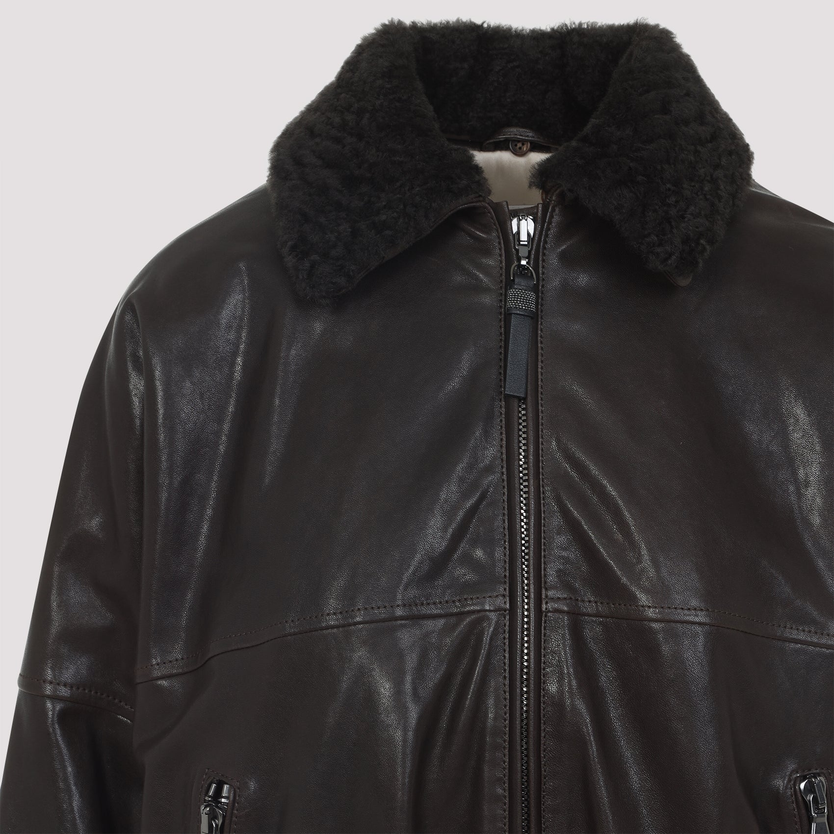 BRUNELLO CUCINELLI Shearling Collar Leather Jacket
