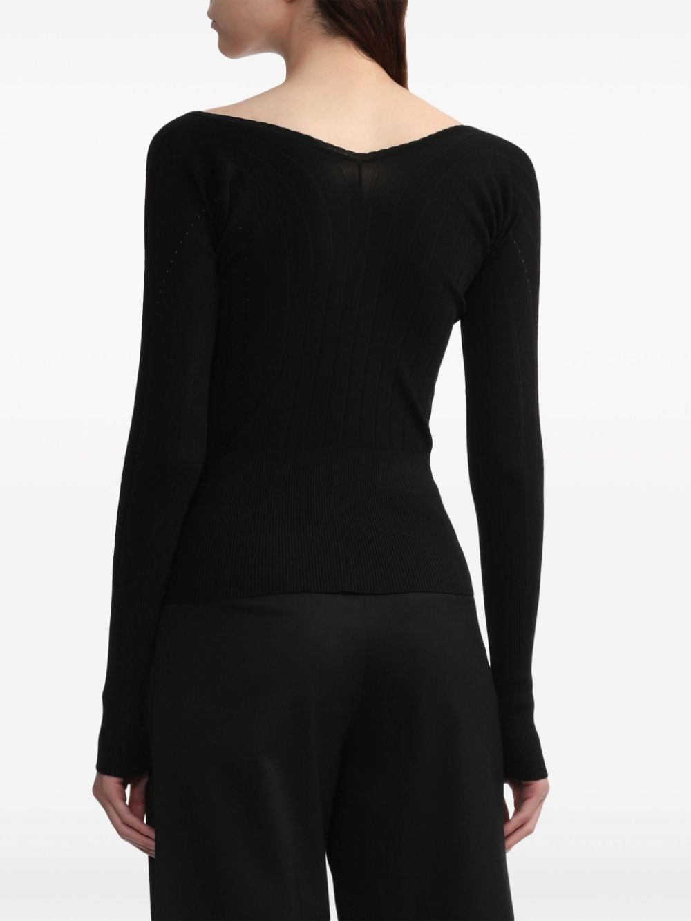 JACQUEMUS Ribbed Knit V-Neck Top with Long Sleeves