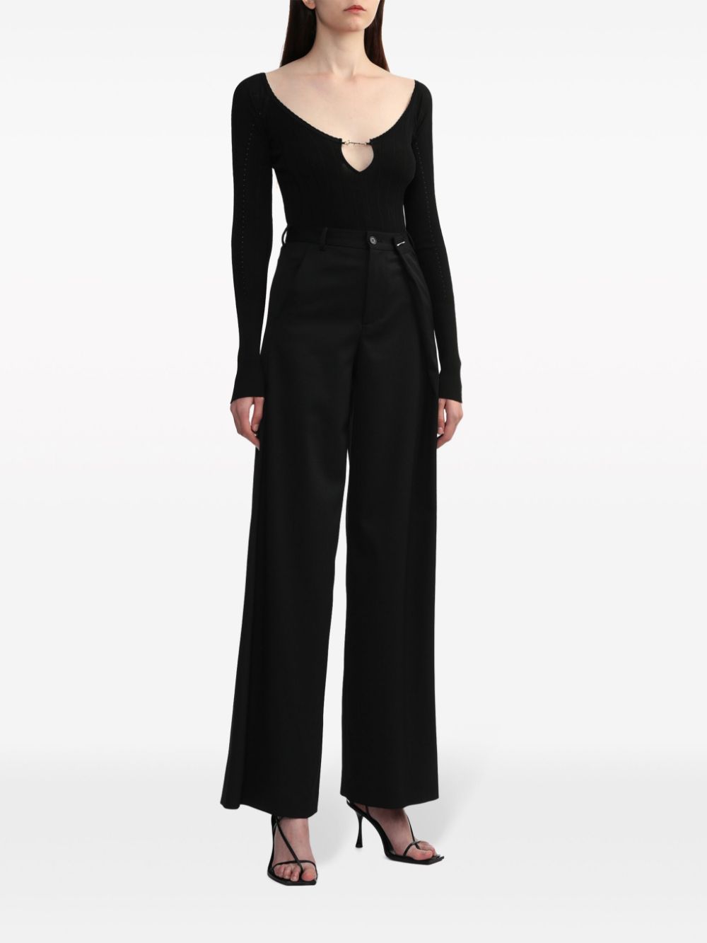 JACQUEMUS Ribbed Knit V-Neck Top with Long Sleeves