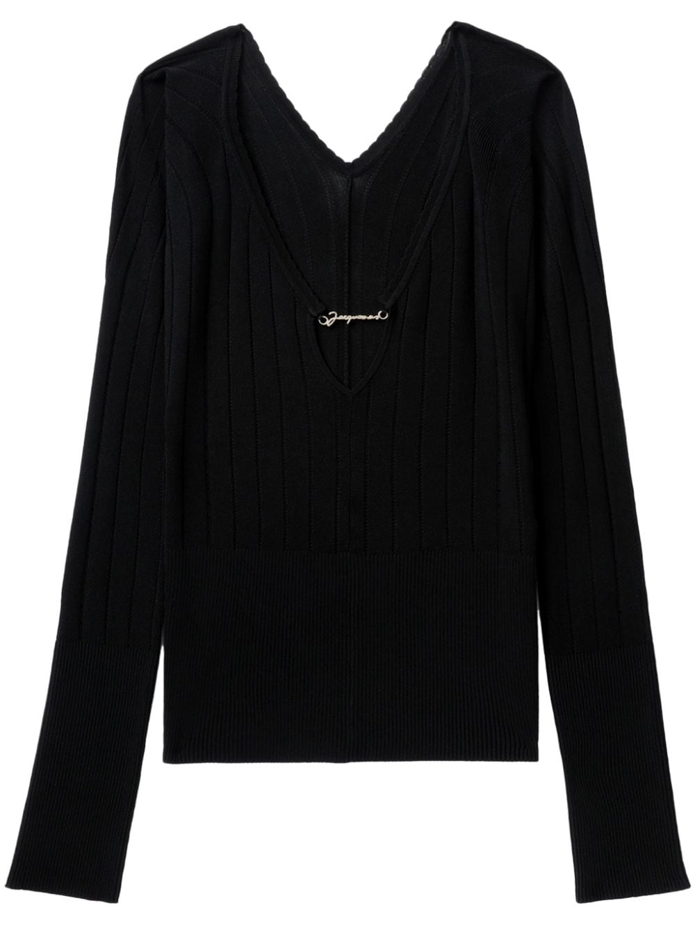 JACQUEMUS Ribbed Knit V-Neck Top with Long Sleeves