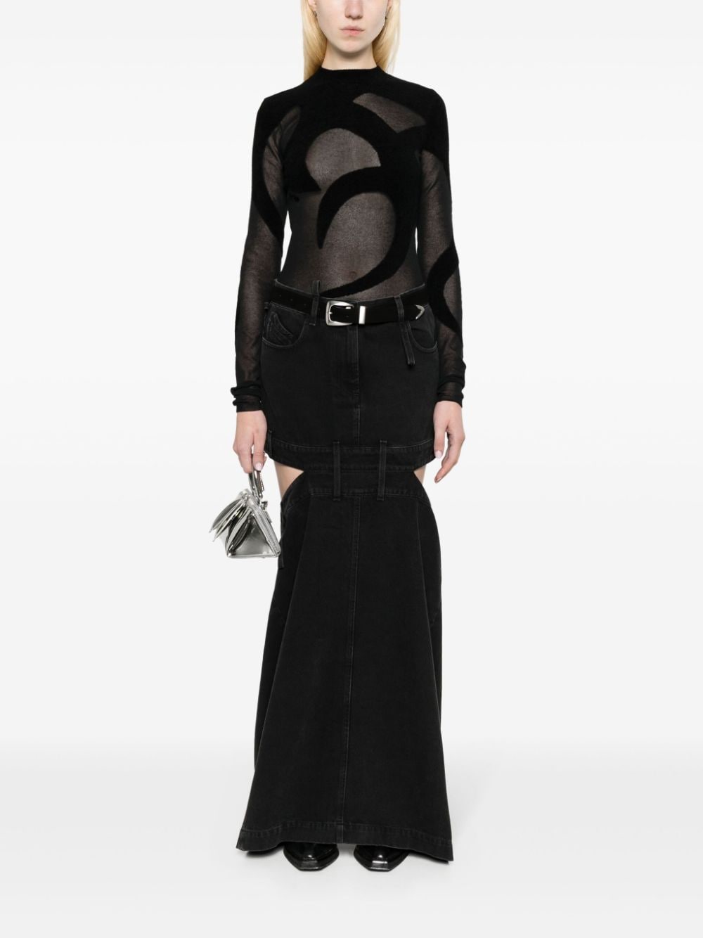 THE ATTICO Denim Mini Skirt with Embroidered Logo and Cut-Out Detail