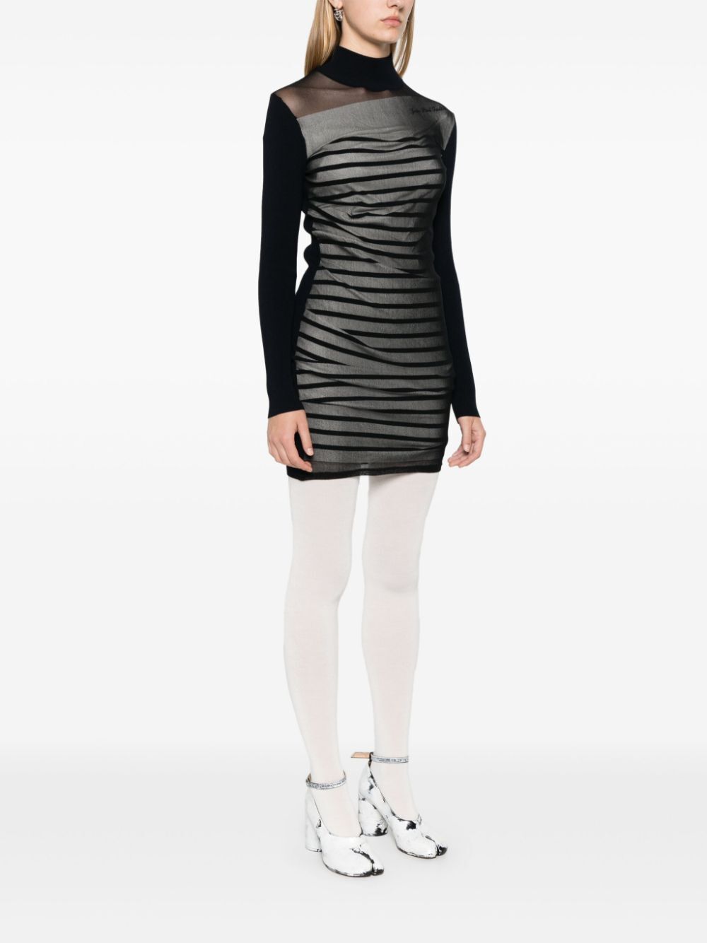 JEAN PAUL GAULTIER Ribbed Mariniere Mini Dress with Mesh Layer