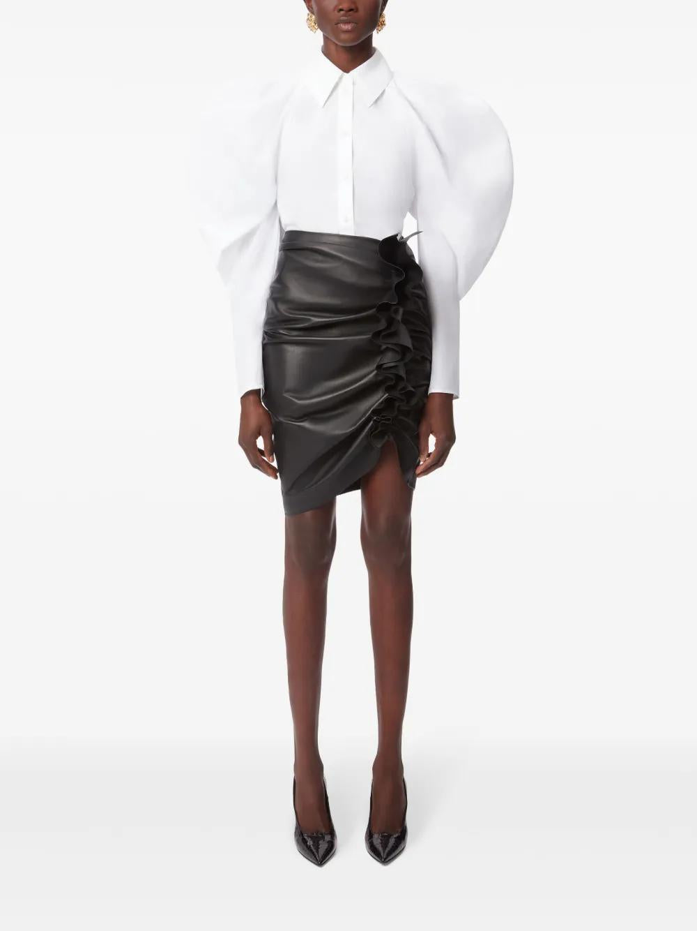 NINA RICCI Luxurious Leather Mini Skirt with Front Ruffles