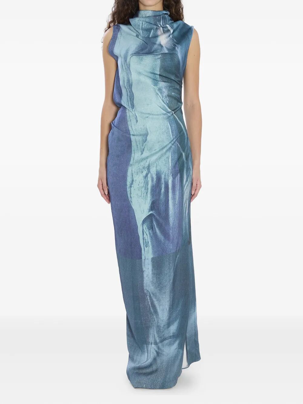 JEAN PAUL GAULTIER Printed Long Sleeveless Satin Dress with Cuffling Detail on the Back