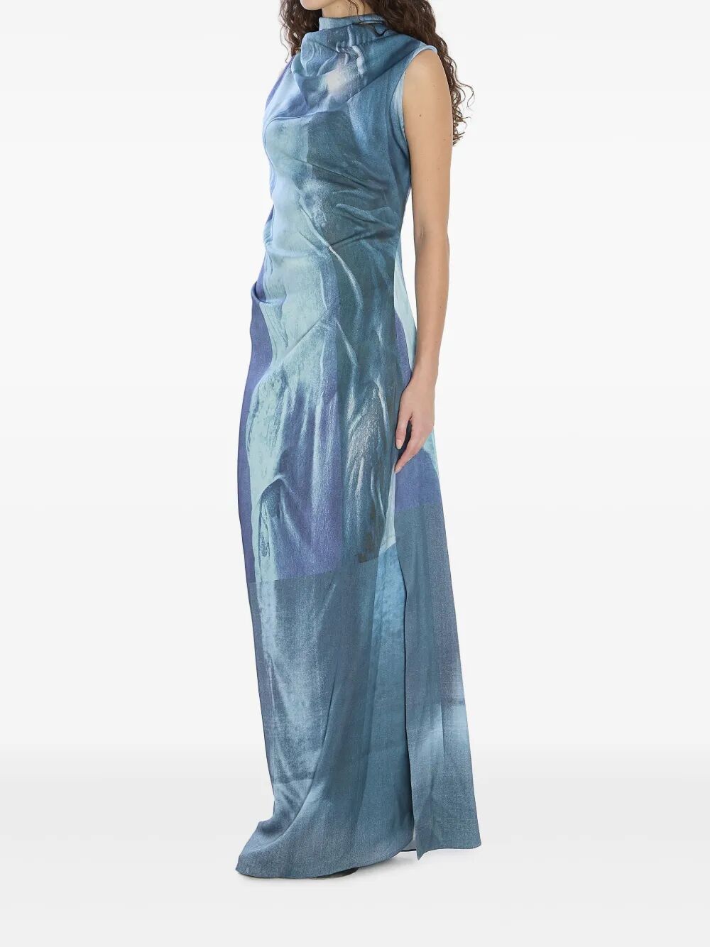 JEAN PAUL GAULTIER Printed Long Sleeveless Satin Dress with Cuffling Detail on the Back