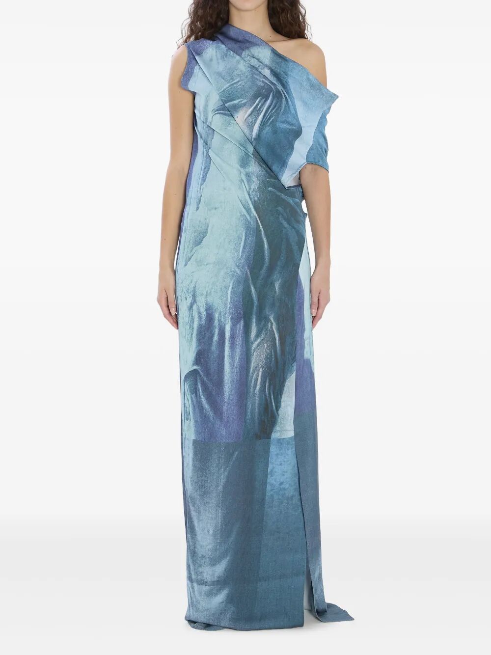 JEAN PAUL GAULTIER Printed Long Sleeveless Satin Dress with Cuffling Detail on the Back