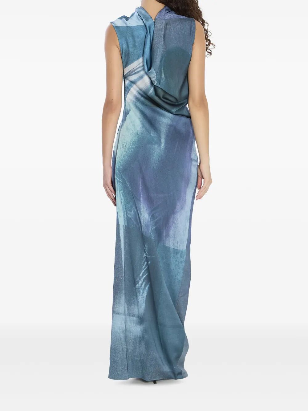 JEAN PAUL GAULTIER Printed Long Sleeveless Satin Dress with Cuffling Detail on the Back