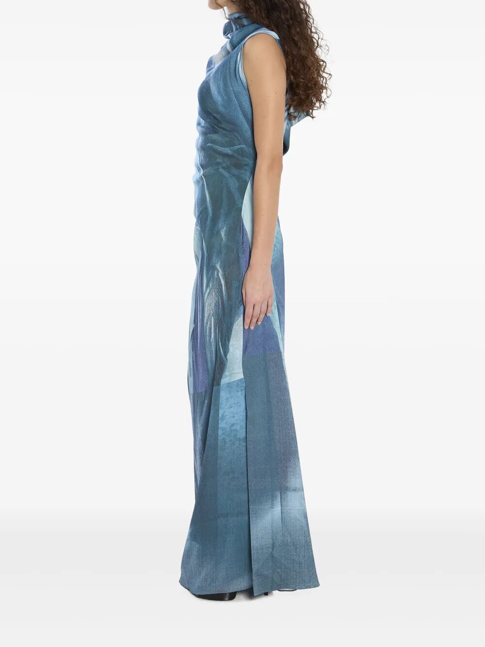 JEAN PAUL GAULTIER Printed Long Sleeveless Satin Dress with Cuffling Detail on the Back
