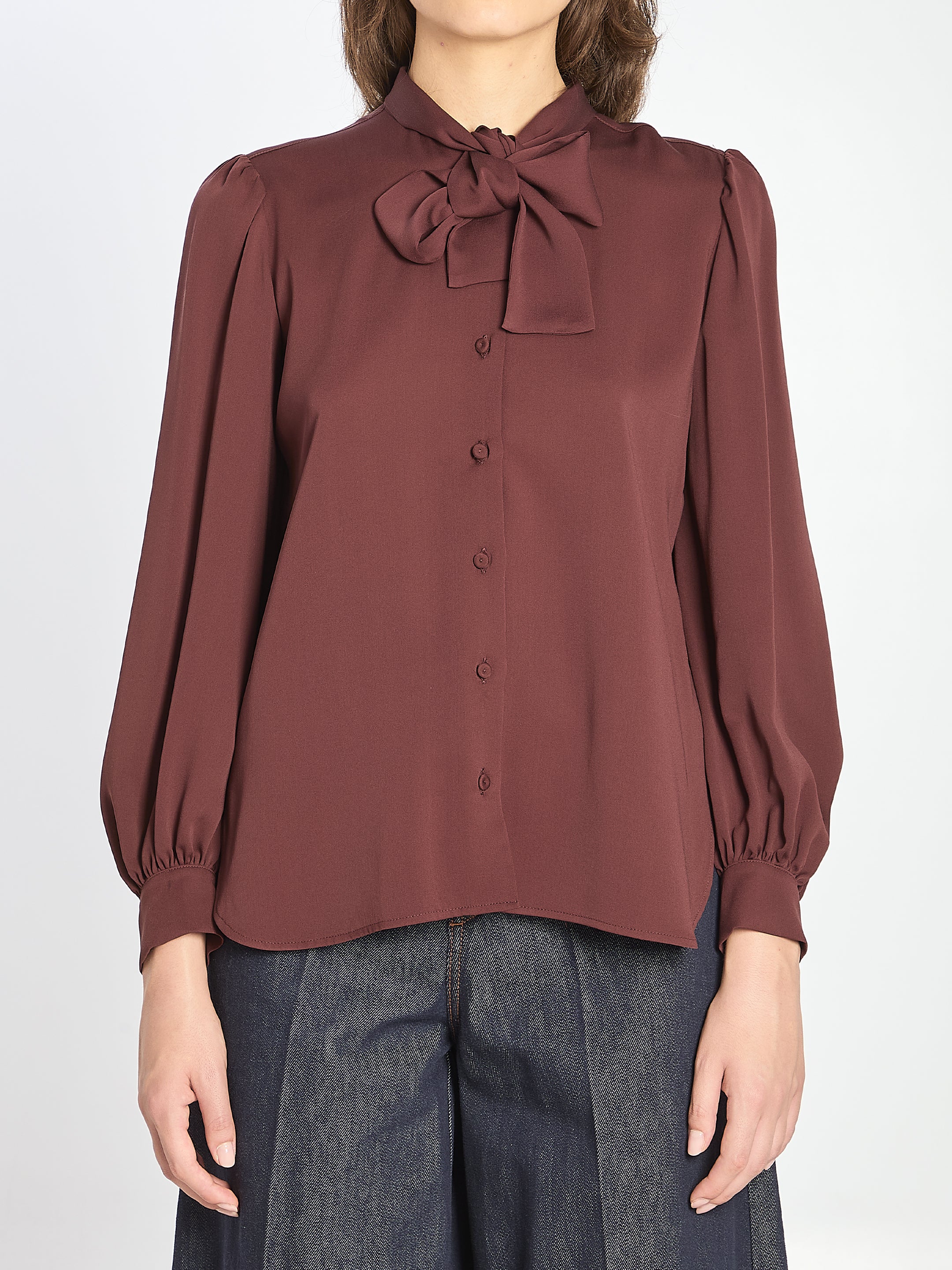 MAX MARA Silk Shirt with Puff Sleeves and Lavallière Bow - Size 40