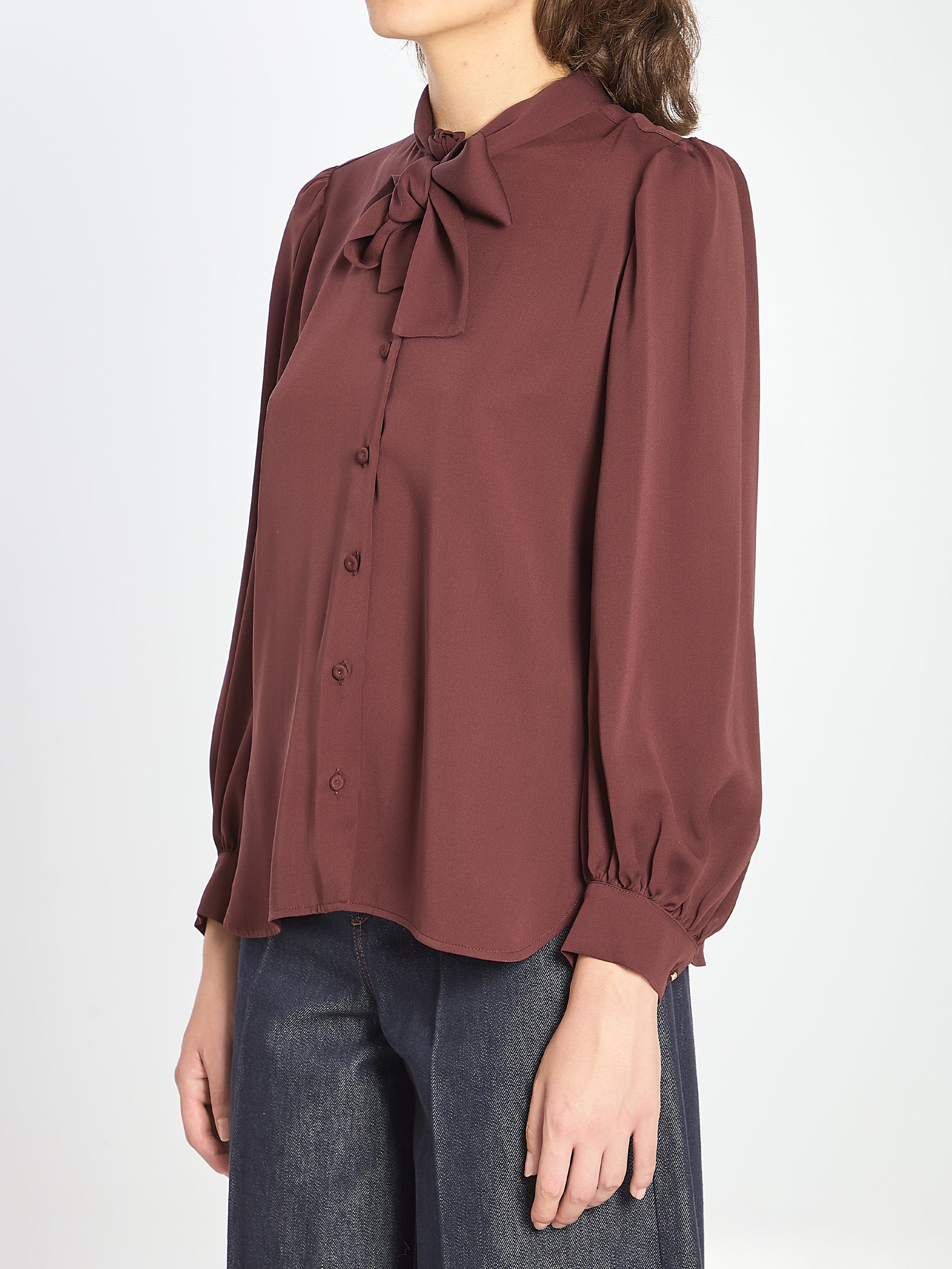 MAX MARA Silk Shirt with Puff Sleeves and Lavallière Bow - Size 40
