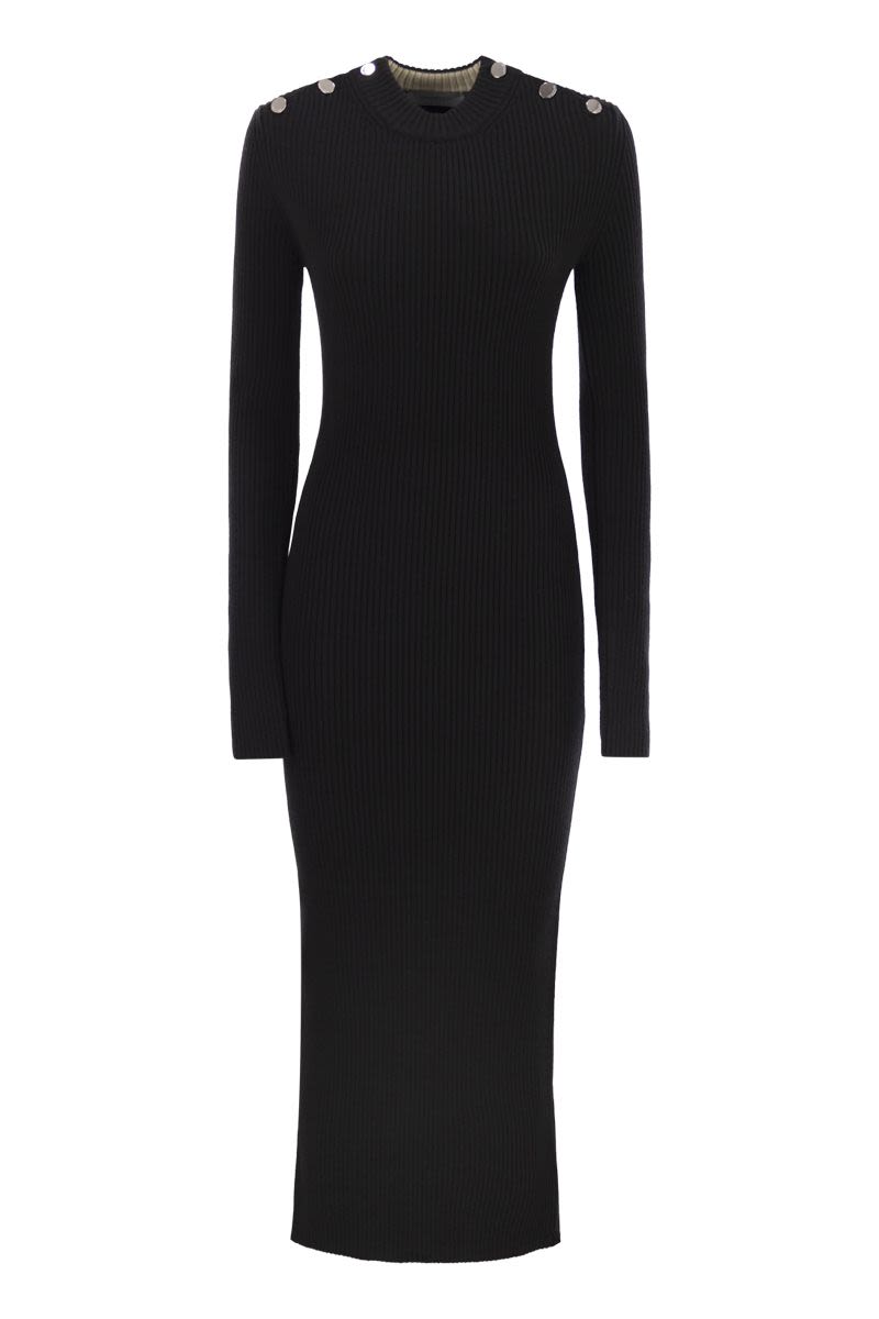 MAX MARA SPORTMAX Fitted Pure Wool Knit Dress with Metallic Button Details