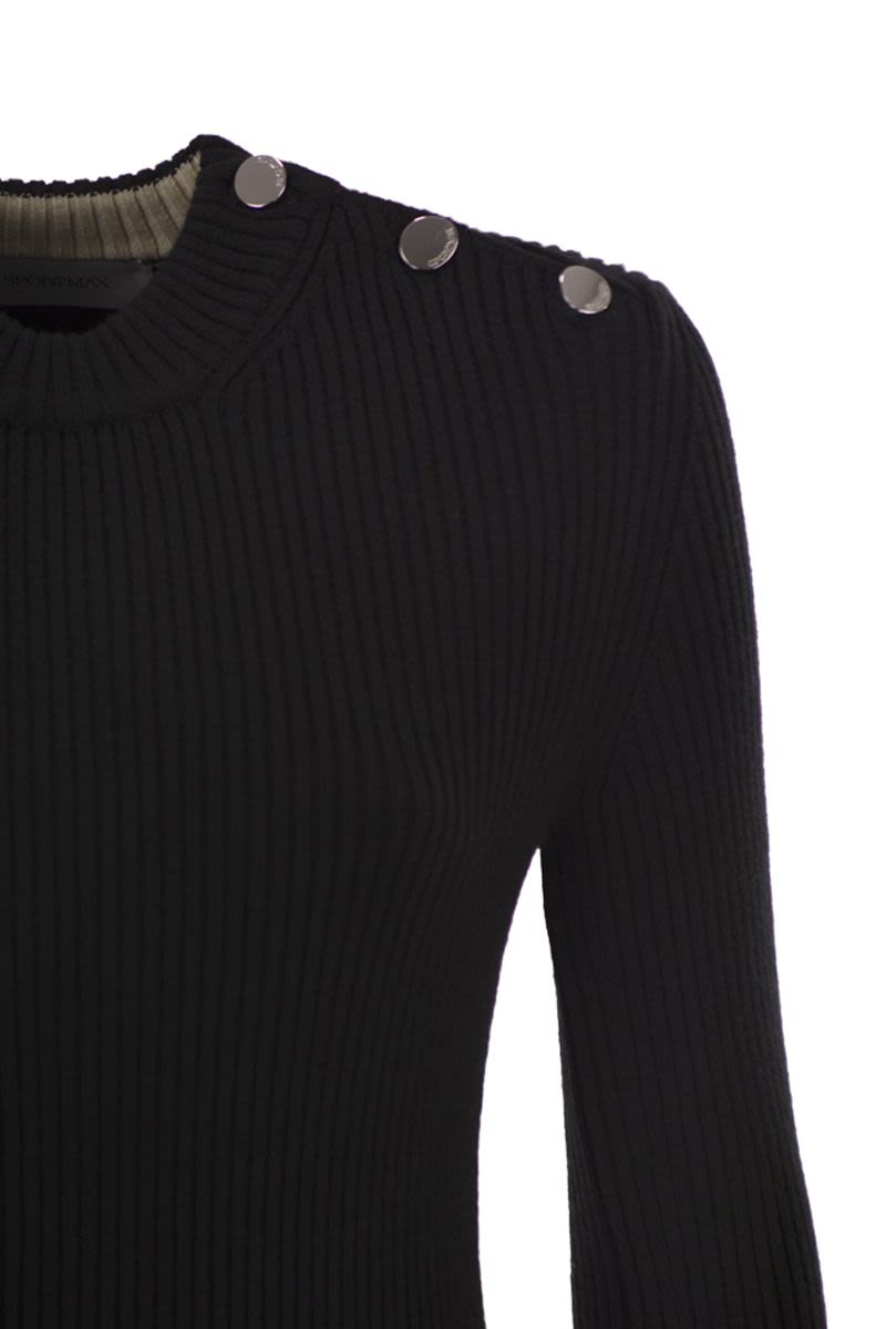 MAX MARA SPORTMAX Fitted Pure Wool Knit Dress with Metallic Button Details