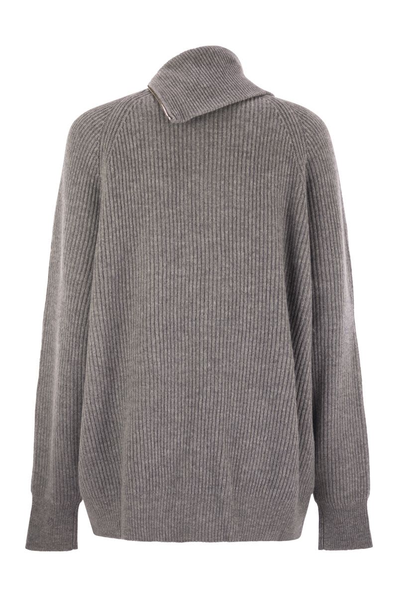 MAX MARA SPORTMAX Cashmere-Blend Sweater with High Collar and Diagonal Zip - Loose Fit