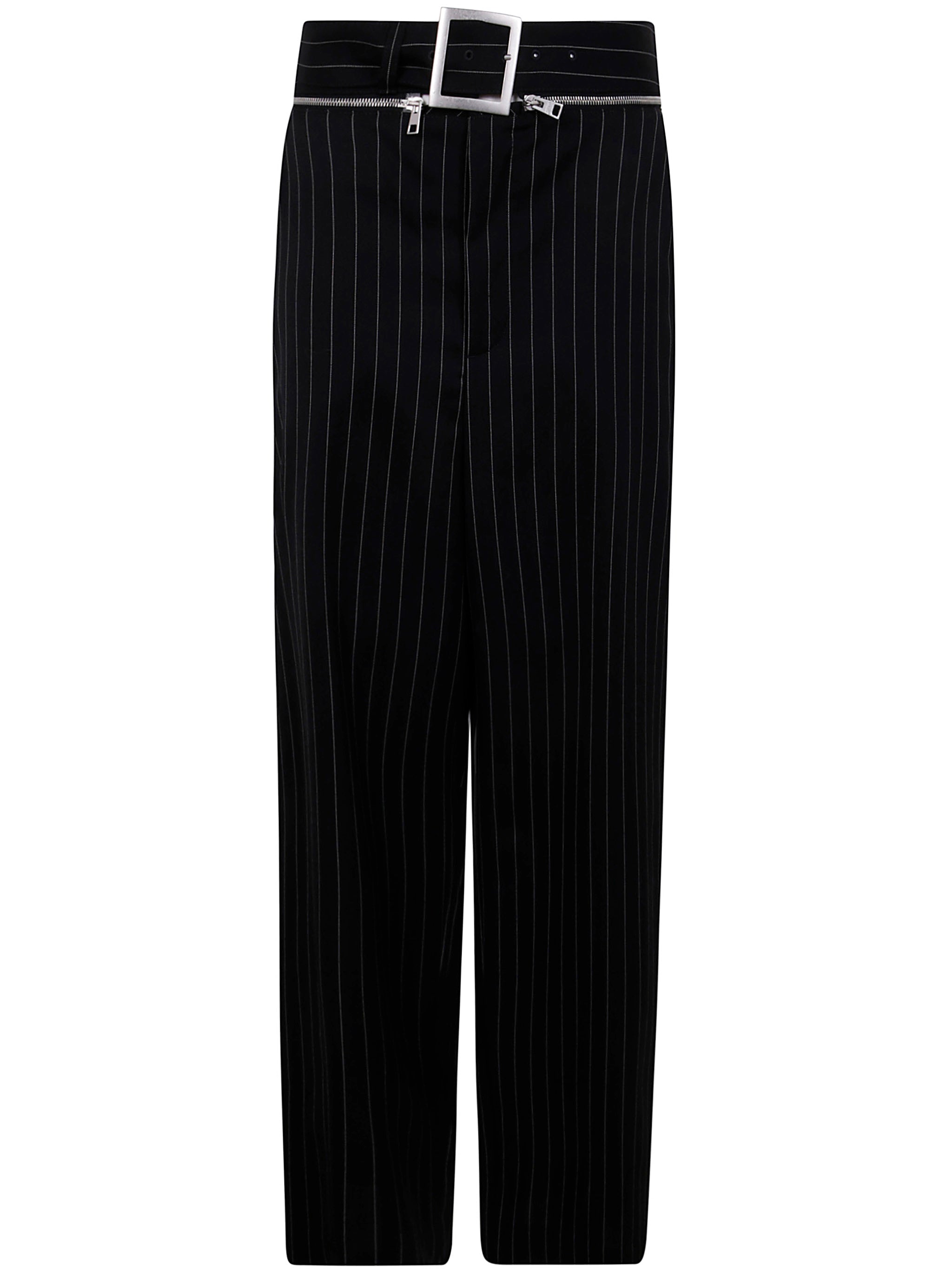 JEAN PAUL GAULTIER Pinstripe Wool Tailored Trousers with Zip-Off Belt