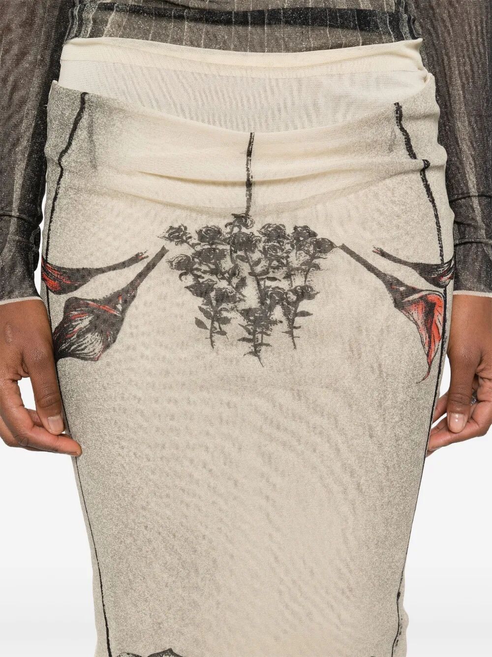 JEAN PAUL GAULTIER Double Layer Printed Mesh Skirt with Tattoo Rose & Bird Design