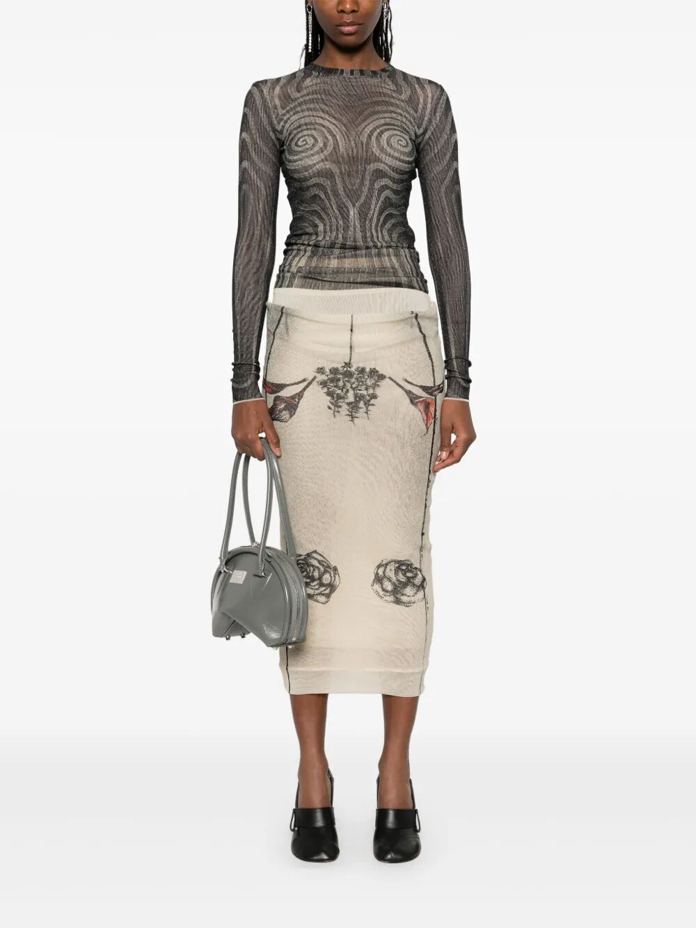 JEAN PAUL GAULTIER Double Layer Printed Mesh Skirt with Tattoo Rose & Bird Design