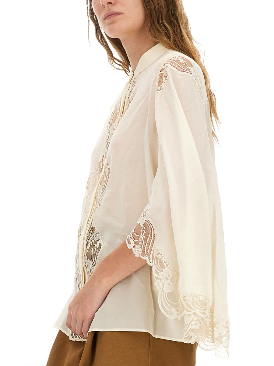 CHLOÉ Fluid Silk Georgette and Lace Blouse - Size 40