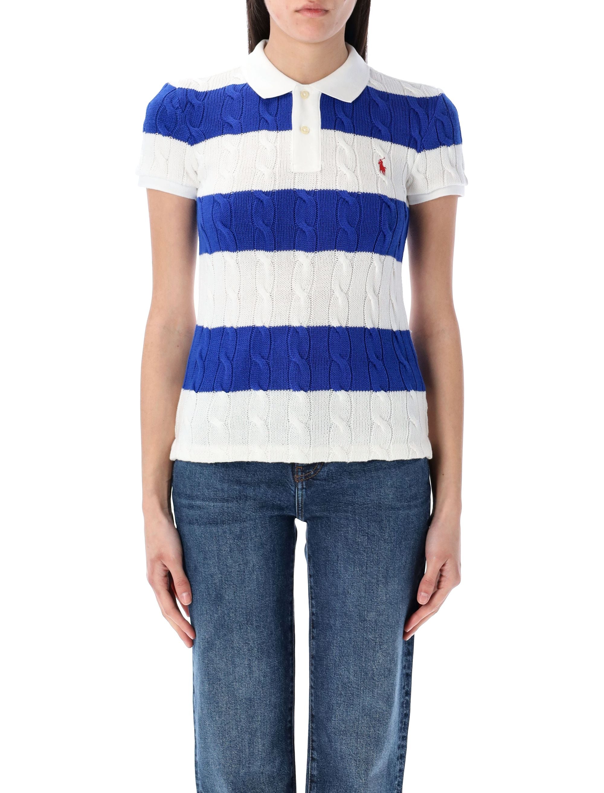 POLO RALPH LAUREN Cable Knit Striped Polo Shirt - Women's Slim Fit S