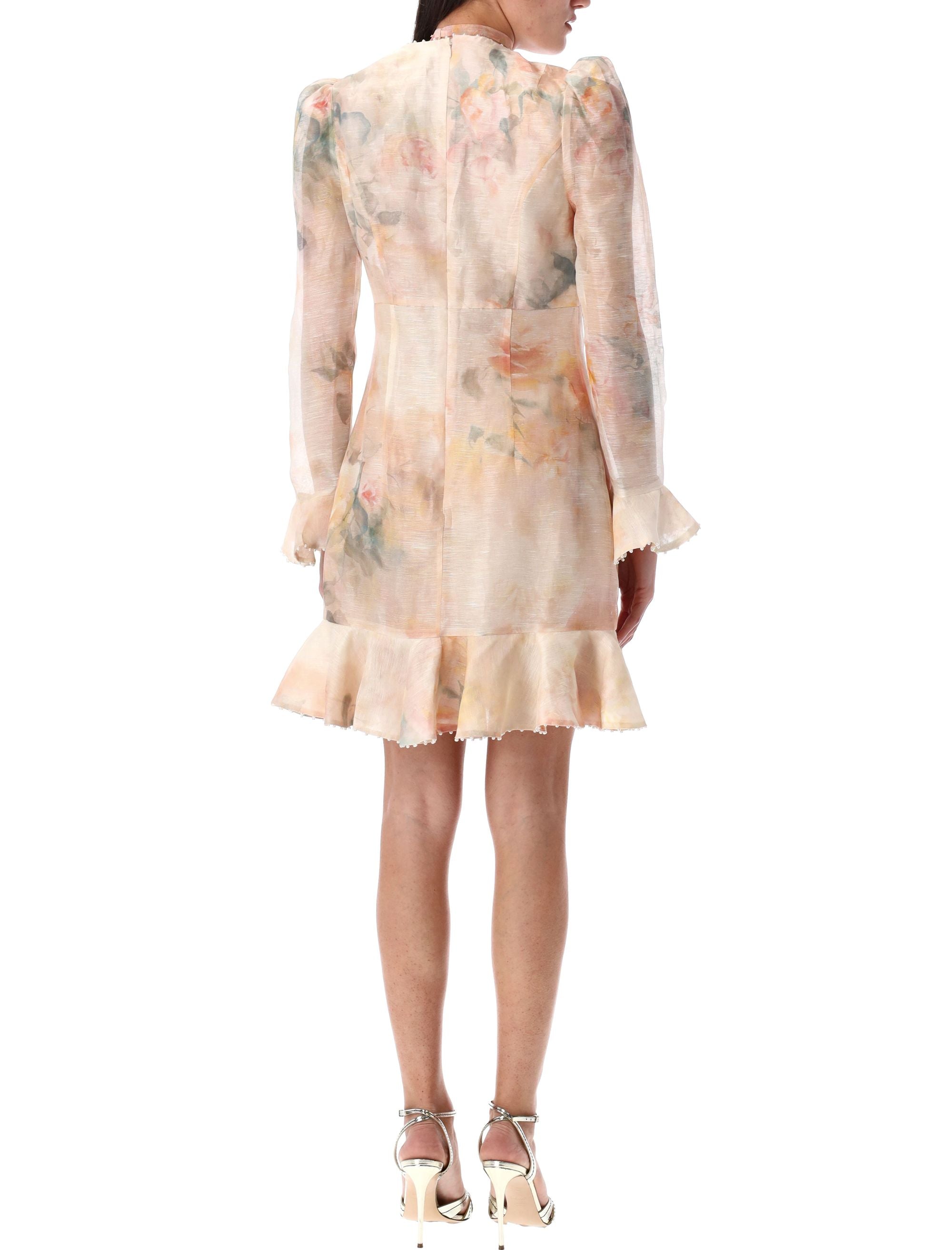 ZIMMERMANN Floral Print Mini Dress with Ruffle Brooch - Size 1
