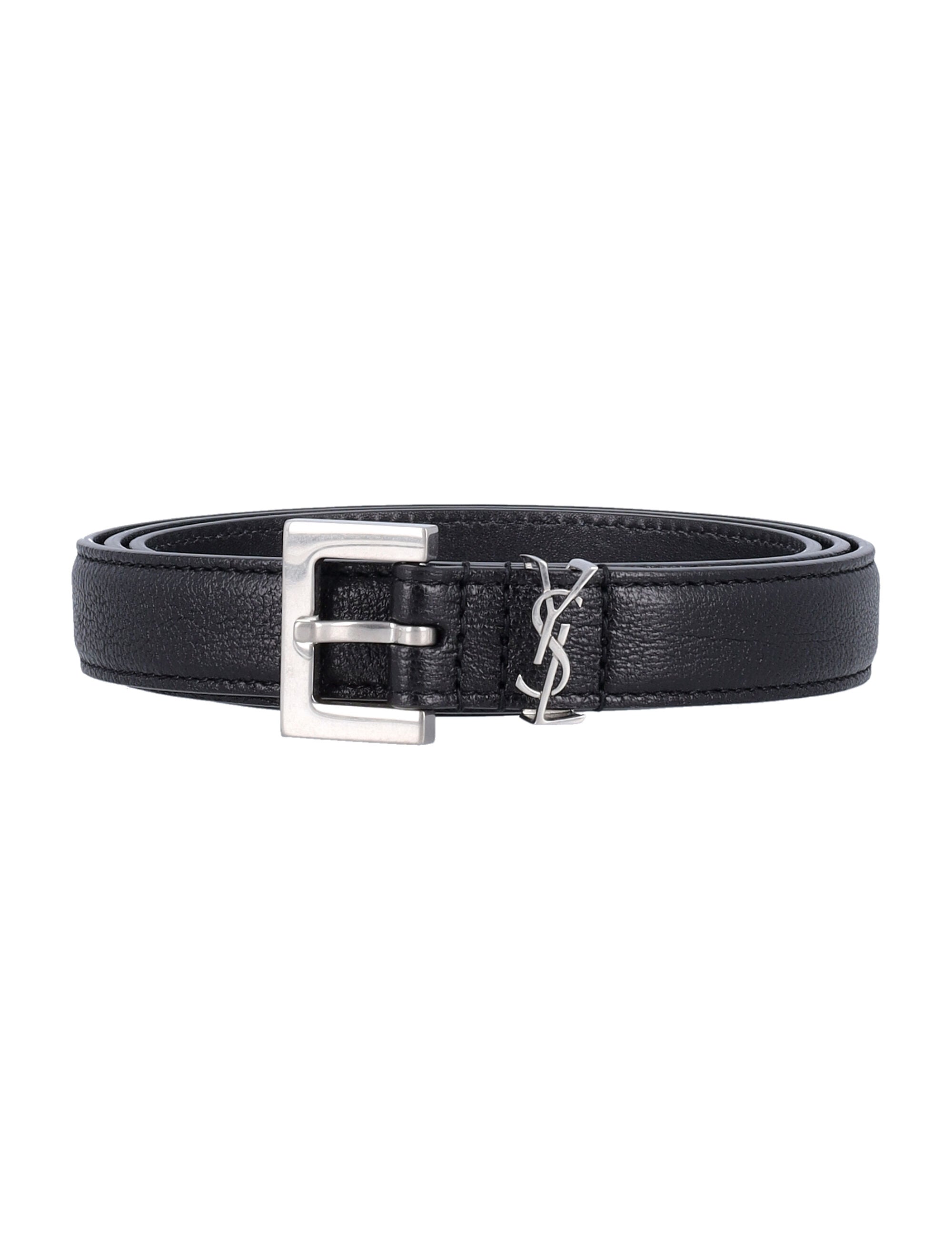 SAINT LAURENT Squared Buckle Smooth Leather Cassandre Thin Belt