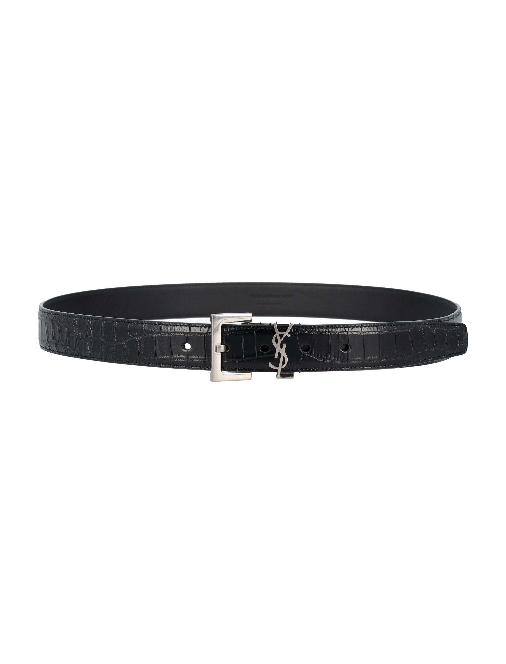 SAINT LAURENT Crocodile-Embossed Leather Belt with Adjustable Square Buckle - 3cm Height