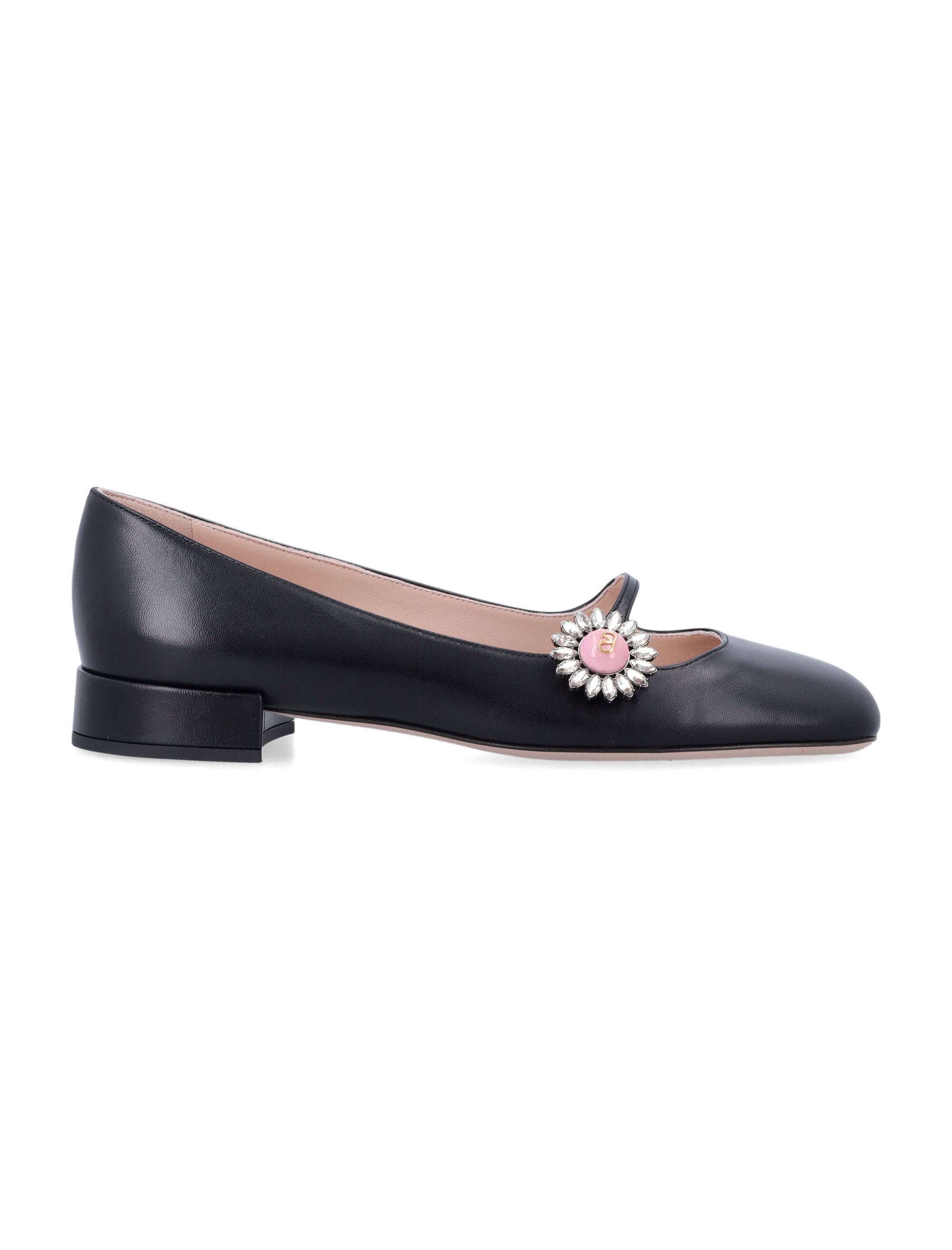 VALENTINO GARAVANI Leather Ballerina with Crystal Accents - Heel Height: 2cm
