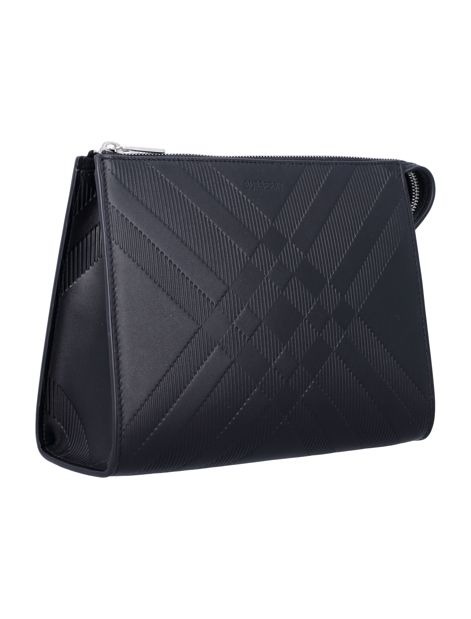 BURBERRY Mini Embossed Check Leather Pouch Handbag