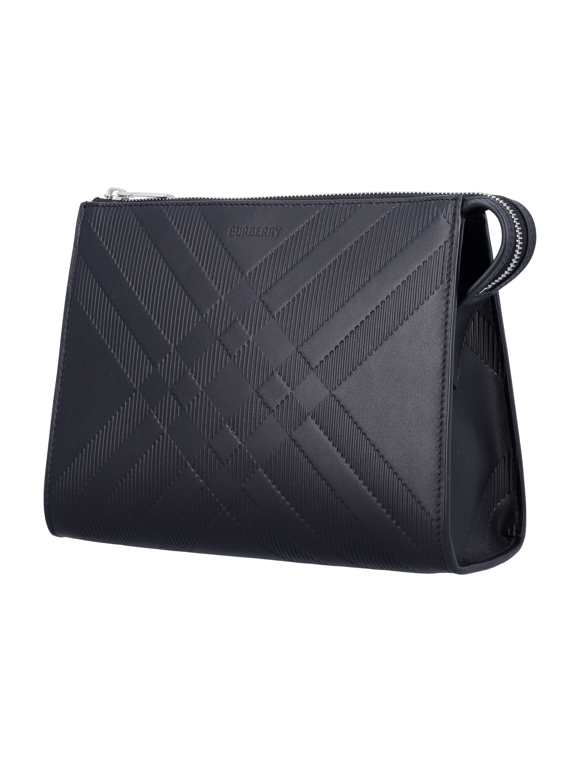 BURBERRY Mini Embossed Check Leather Pouch Handbag