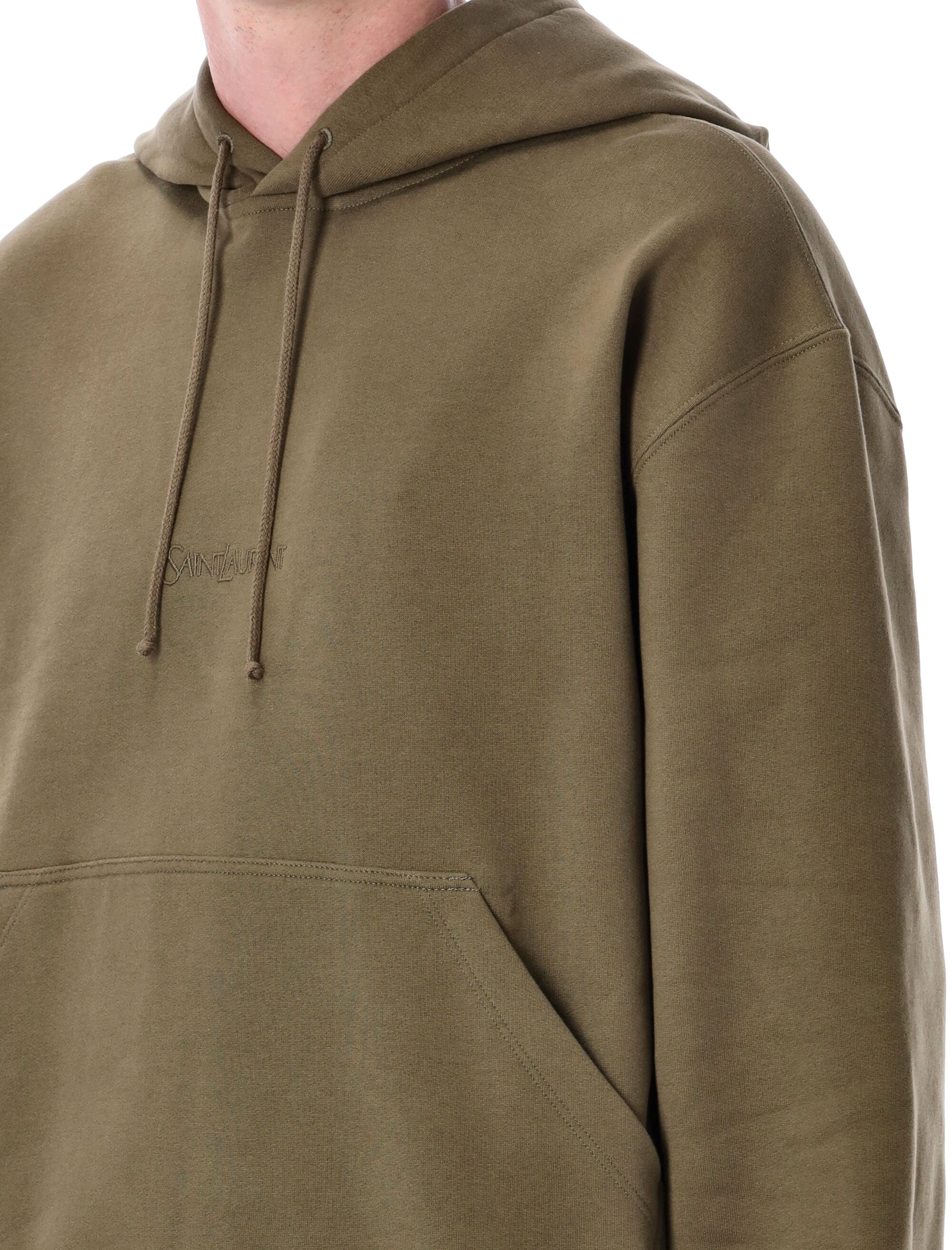 SAINT LAURENT Drawstring Hoodie with Embroidered Chest - Size L