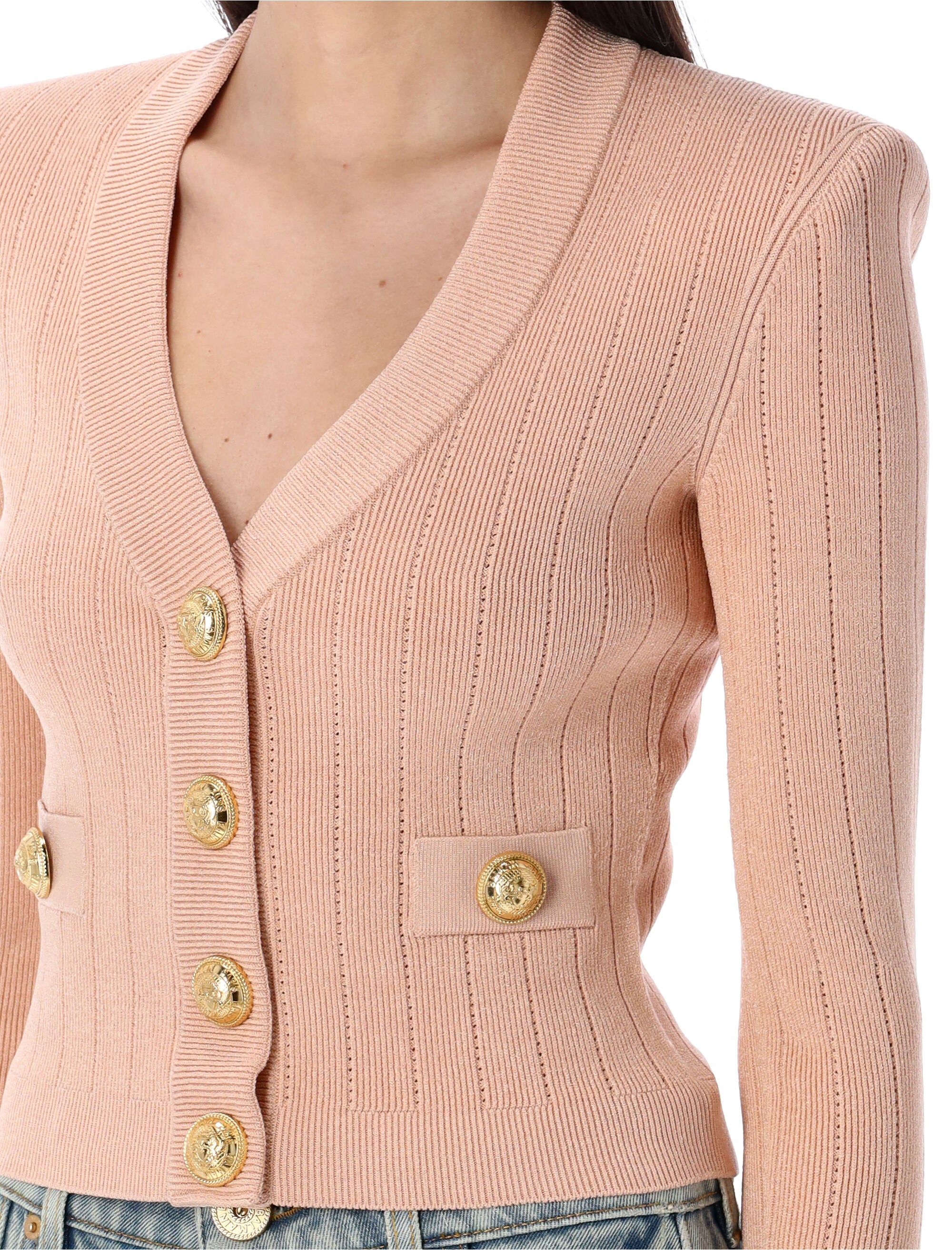 BALMAIN Gold Buttons Knit Cardigan with V-Neck and Shoulder Pads - Size 36