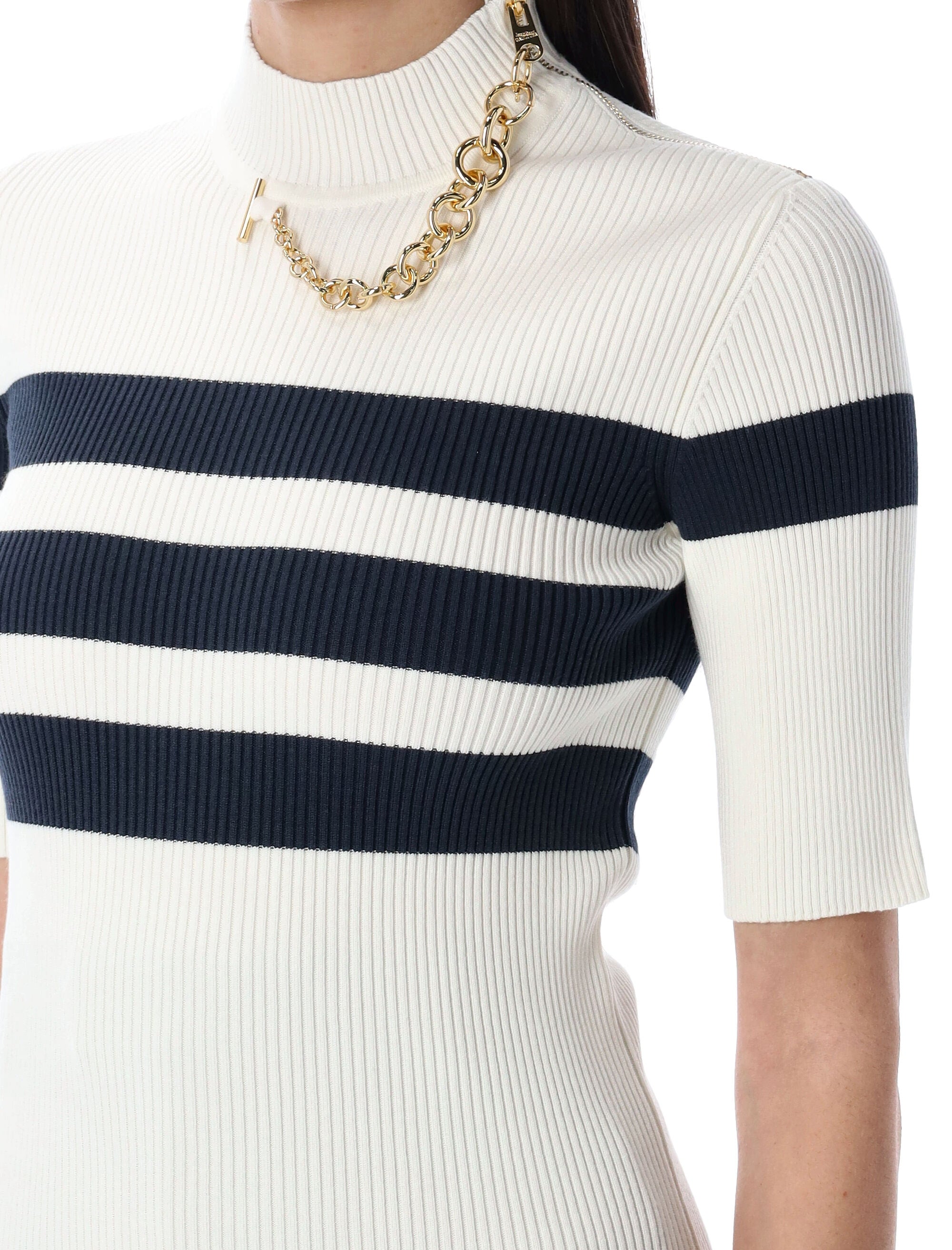 JEAN PAUL GAULTIER Striped Knit Top with Mock Neck and Removable Chain - Size S