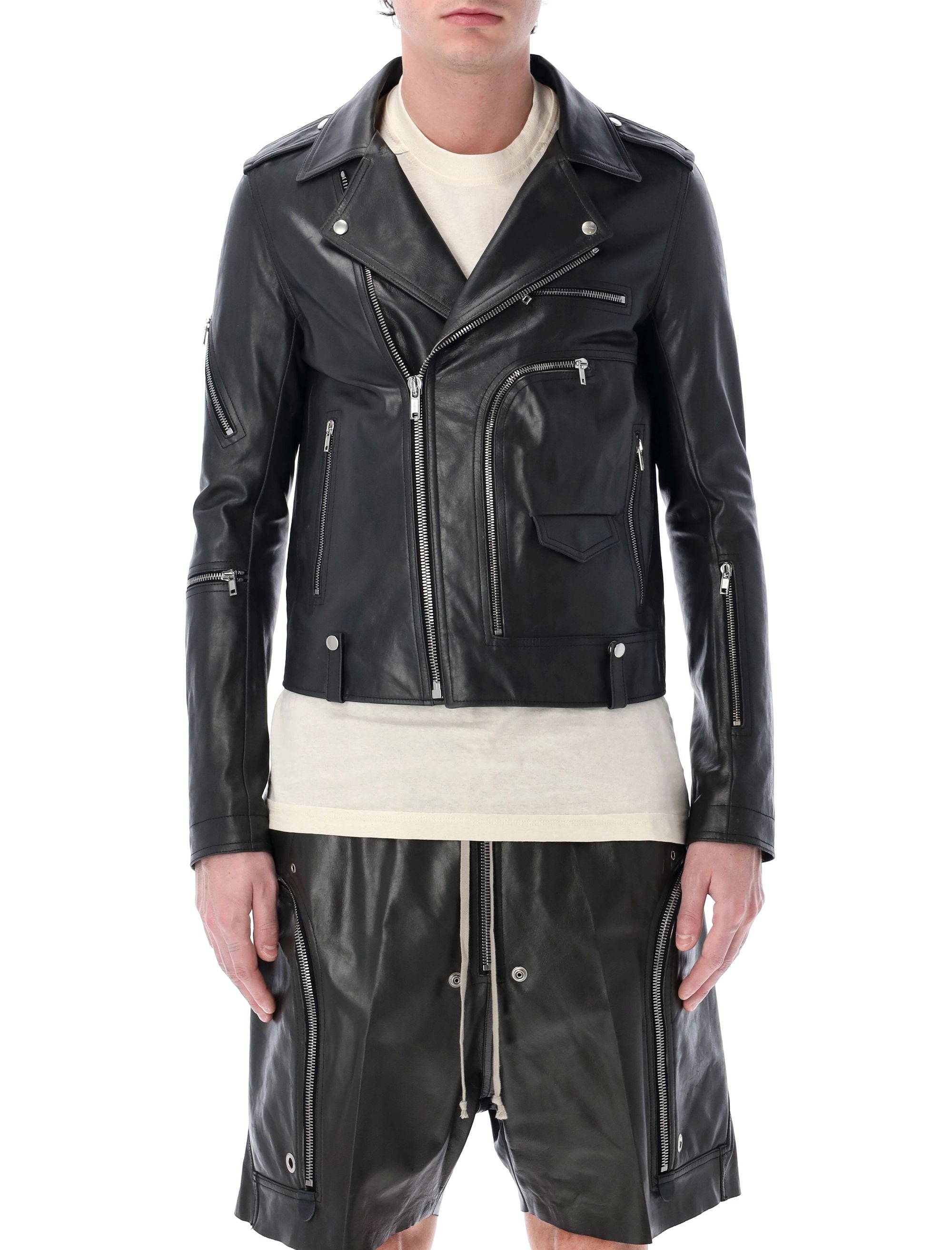 RICK OWENS Slim Fit Leather Jacket with Wide Collar - Size 48