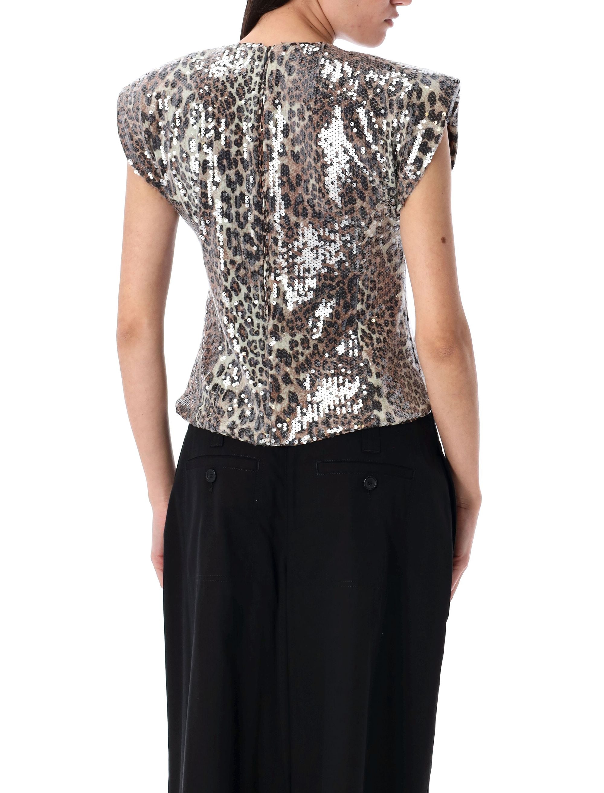 GANNI Leopard Print Sequined Top - Size 36