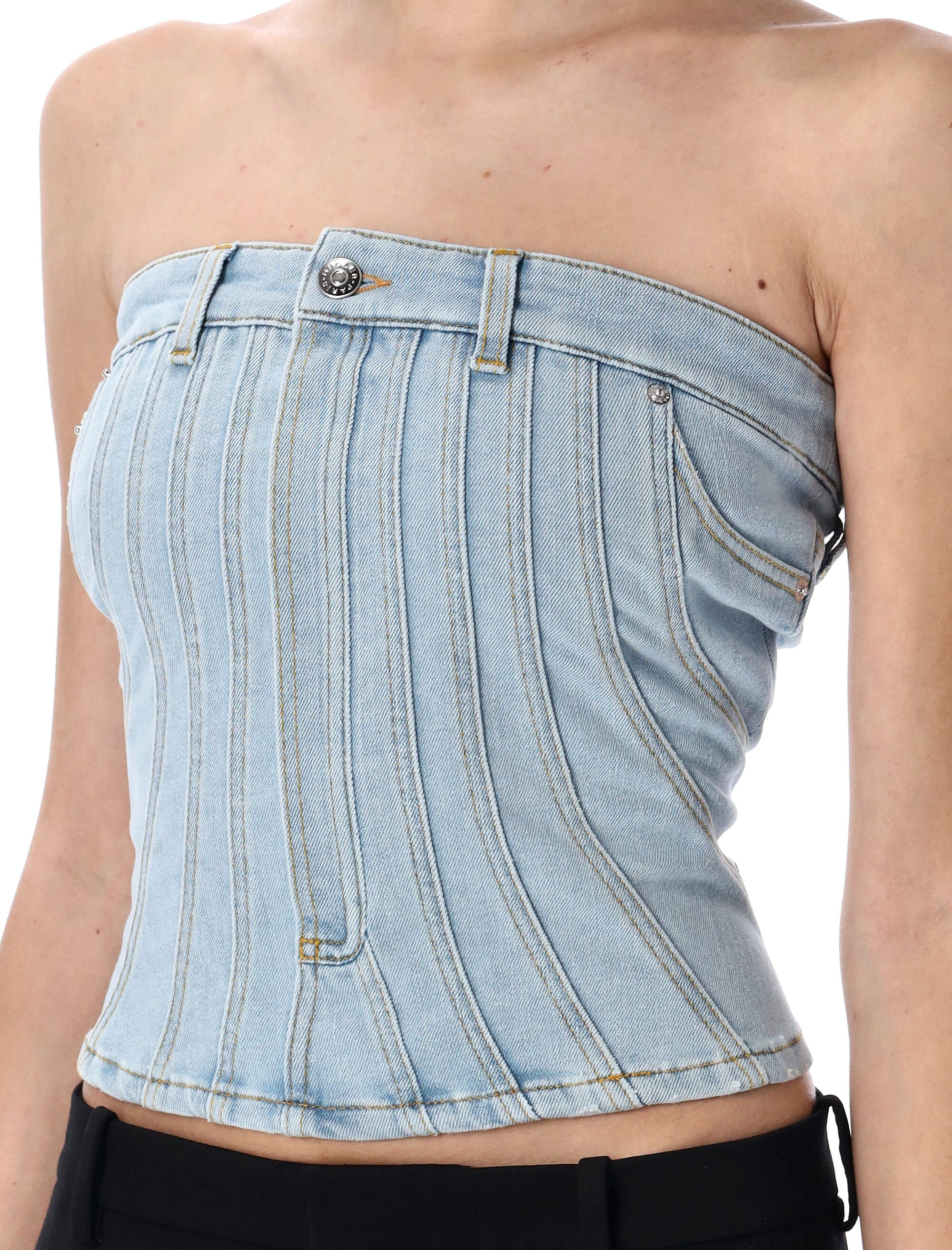 MUGLER Corset-Style Denim Bustier (Size 36)