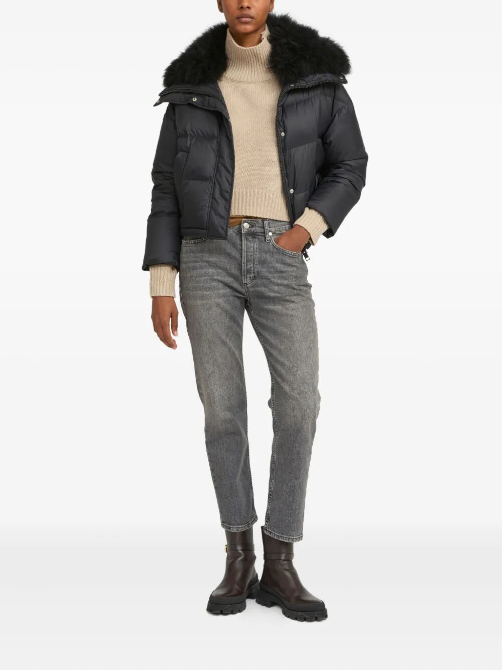 YVES SALOMON Short Down Jacket with Fluffy Lambswool Trim