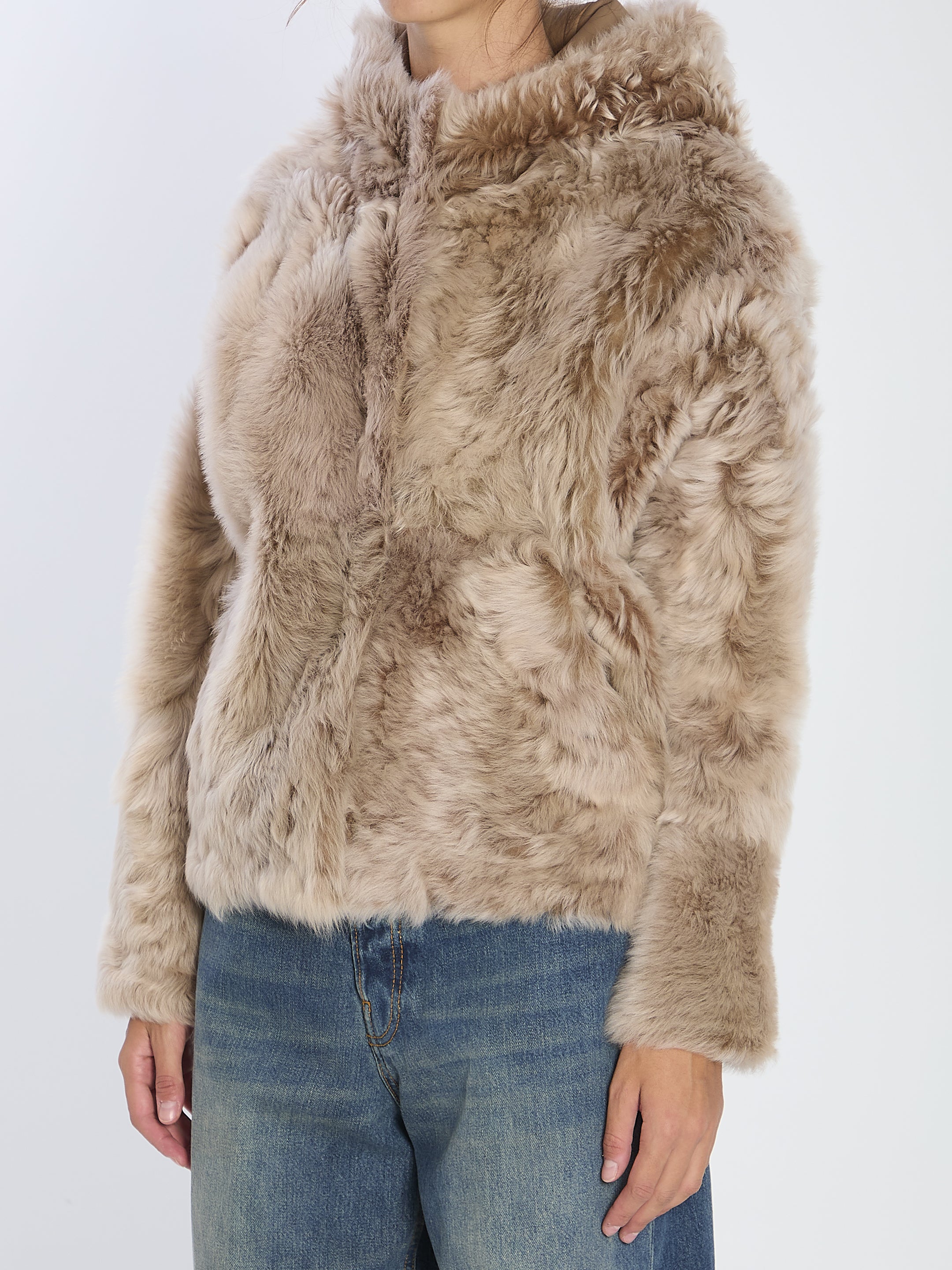YVES SALOMON Women's Lamb Fur Jacket with Hood - Size 36