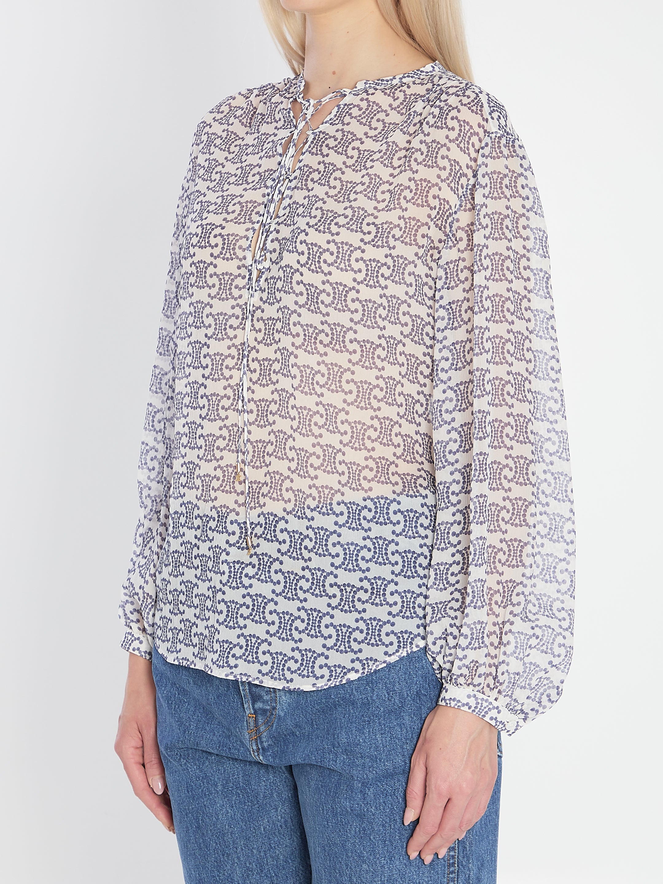 CELINE Silk Blouse with V-Neckline and Ties - Size 38