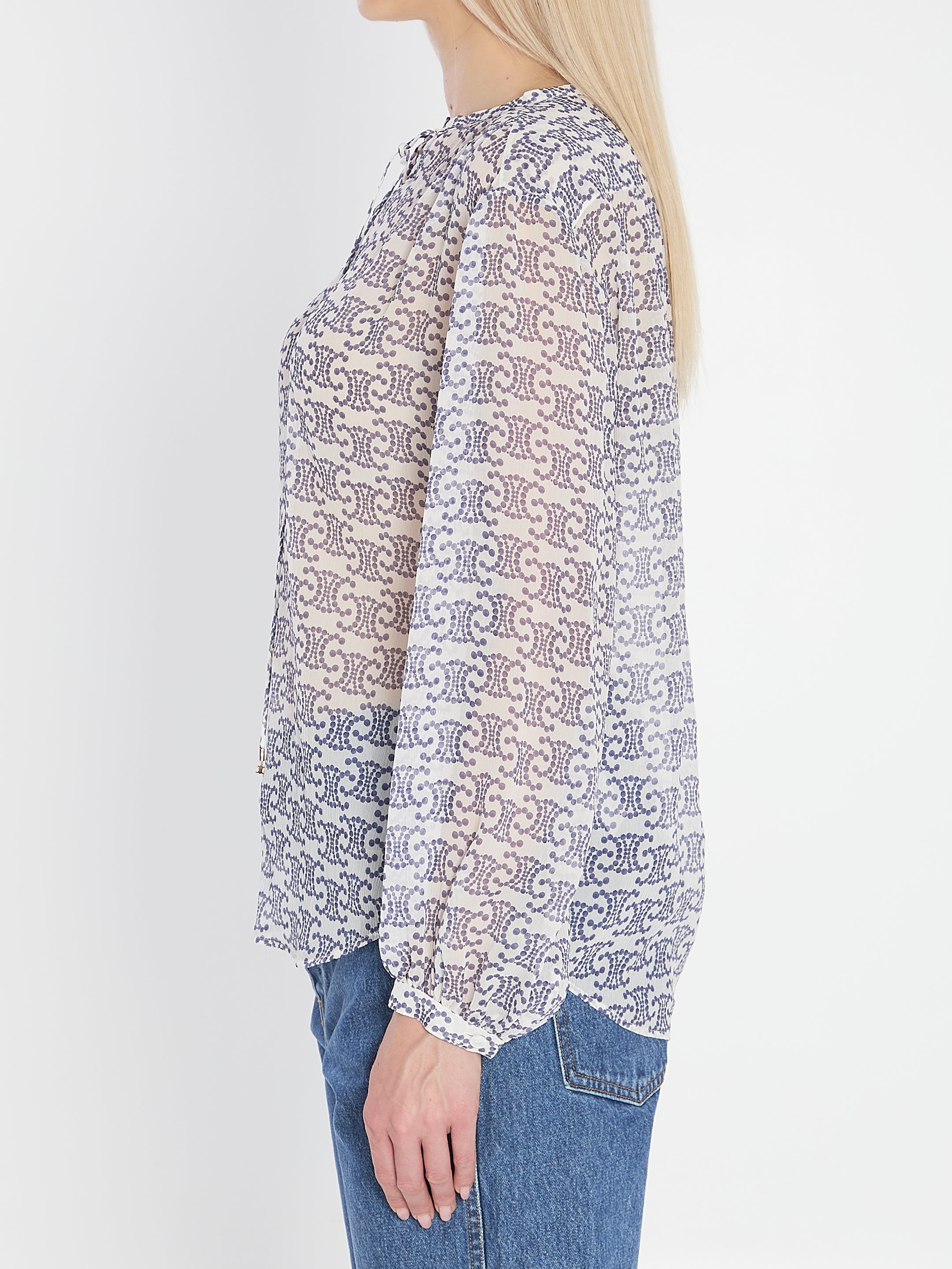 CELINE Silk Blouse with V-Neckline and Ties - Size 38