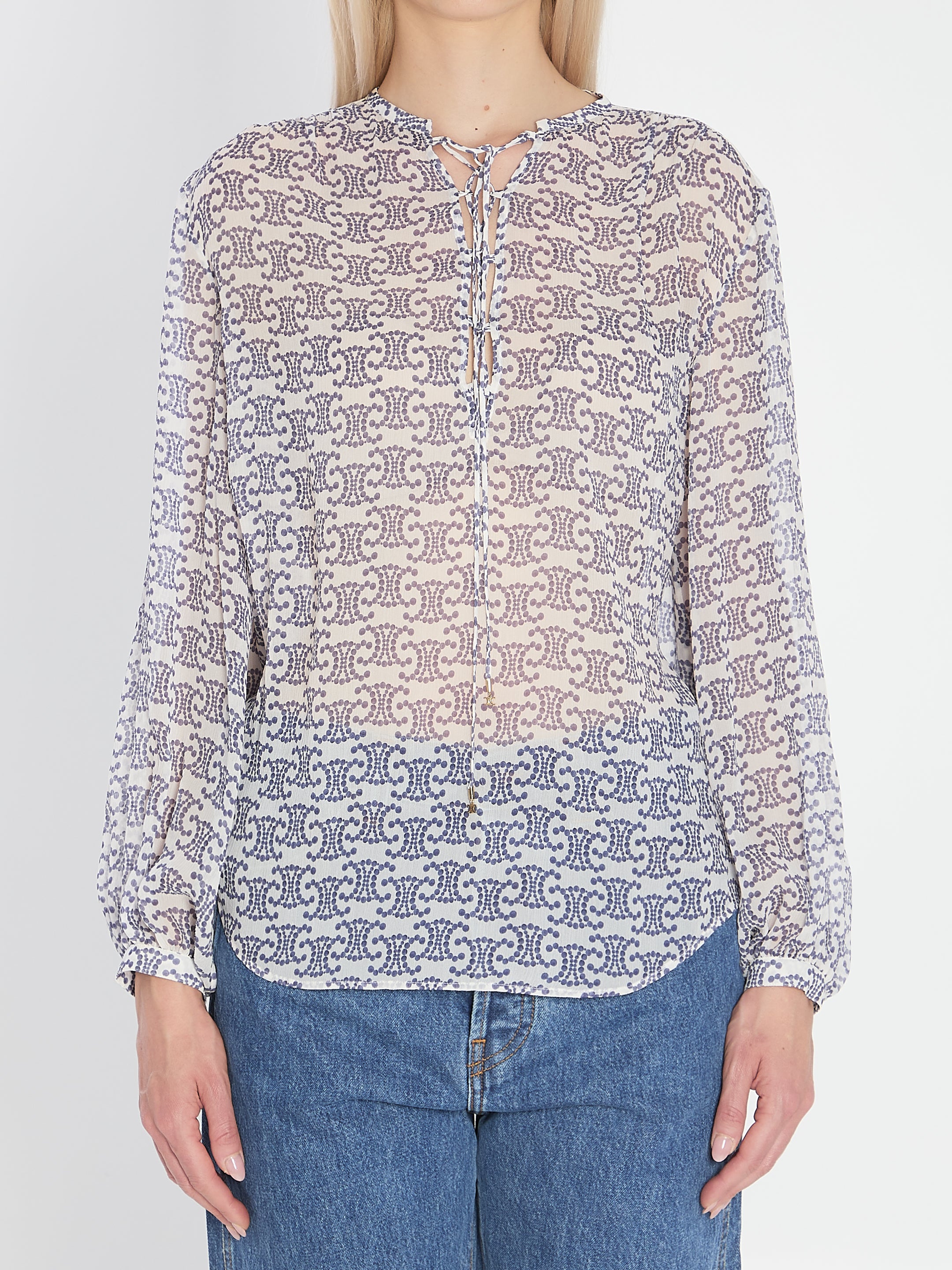 CELINE Silk Blouse with V-Neckline and Ties - Size 38