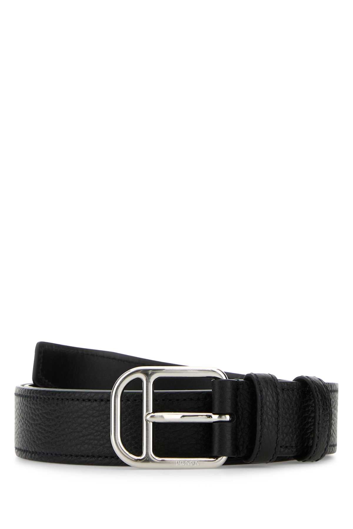PRADA Leather Belt with Silver Metal Finishing for Men