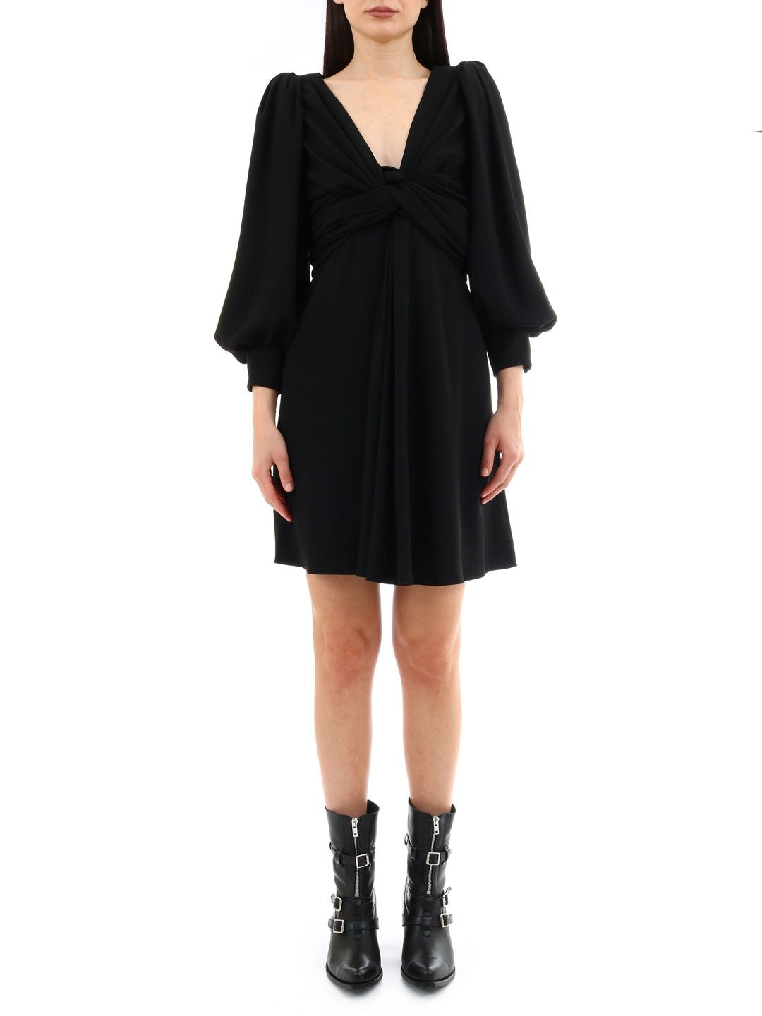 CELINE Elegant V-Neck Mini Wrap Dress with Long Sleeves