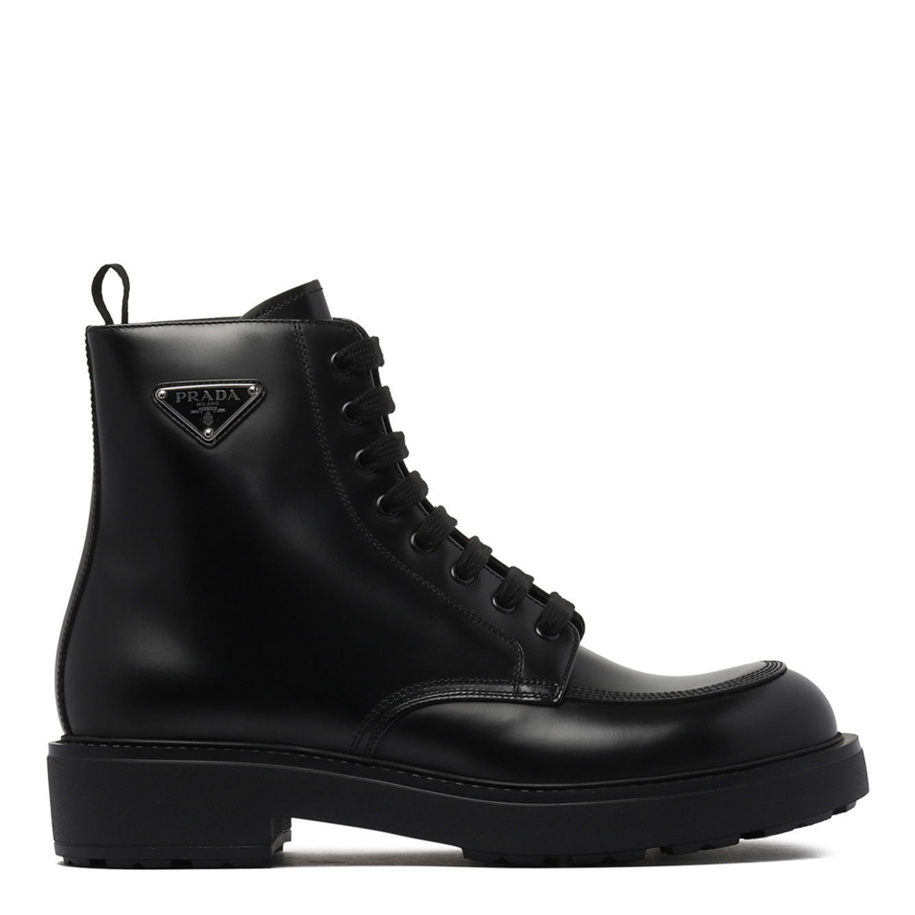 PRADA Polished Finish Leather Combat Boots - Ankle Length