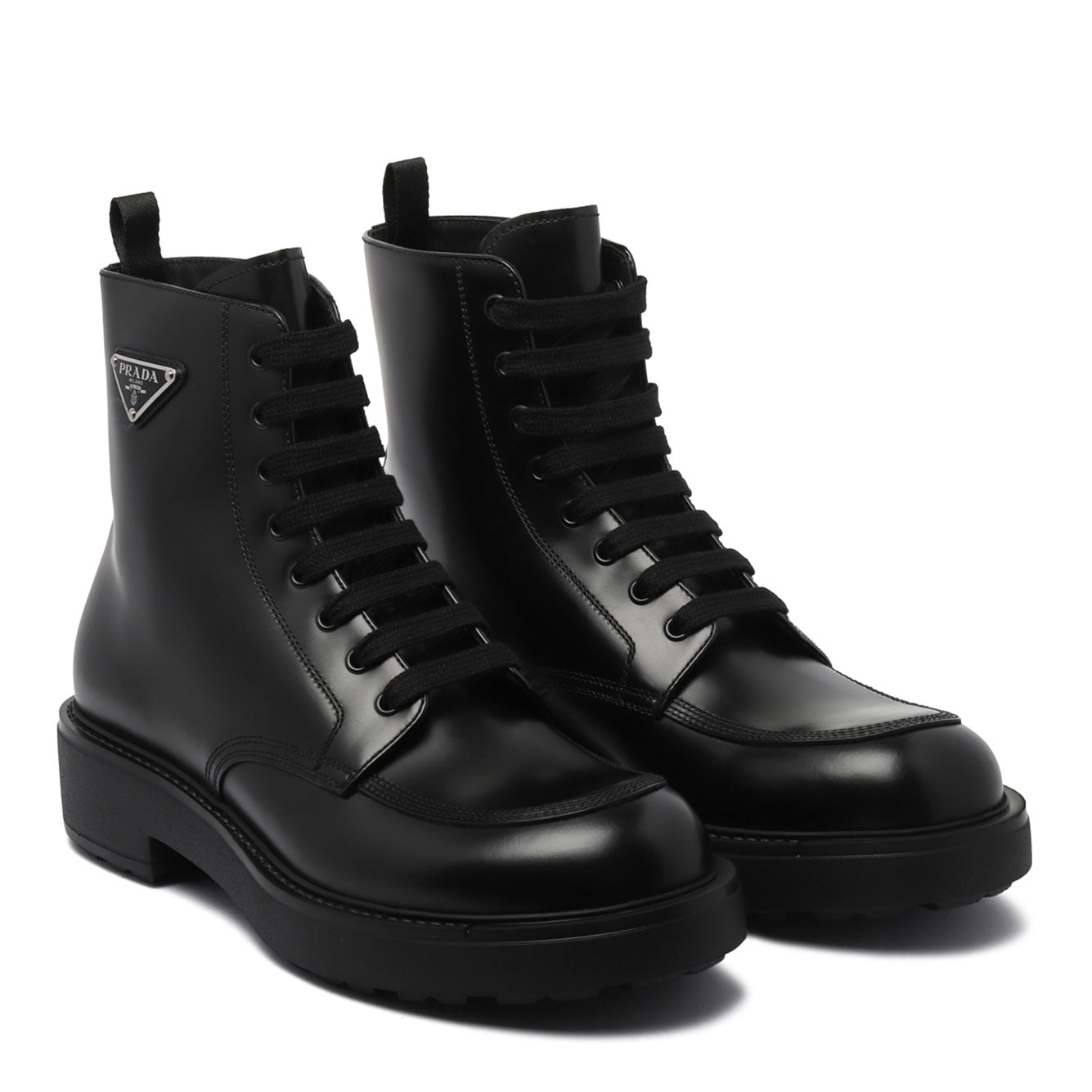 PRADA Polished Finish Leather Combat Boots - Ankle Length