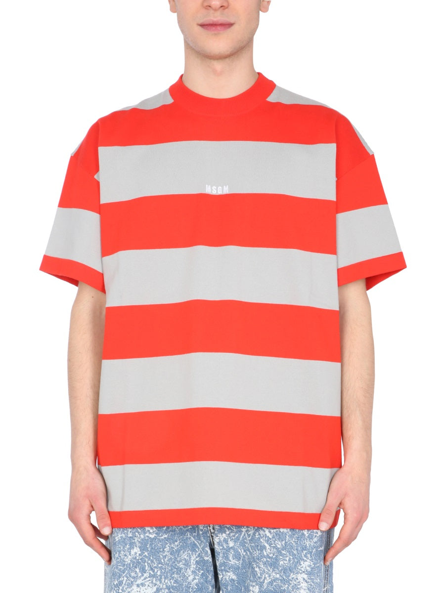 MSGM Embroidered Logo Crew Neck Bicolor Striped T-Shirt