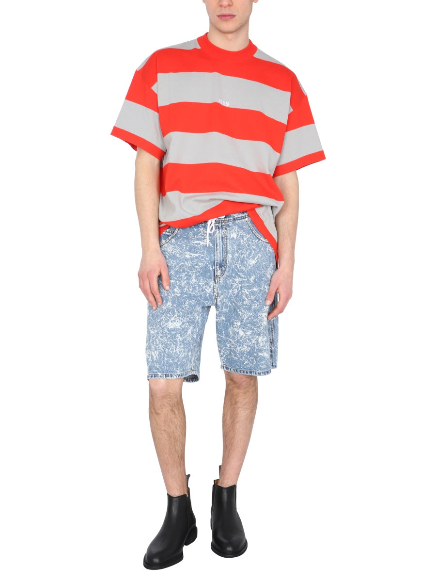 MSGM Embroidered Logo Crew Neck Bicolor Striped T-Shirt