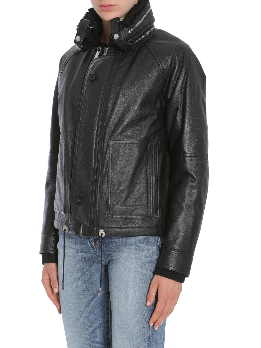 SAINT LAURENT Women's Leather Bomber Jacket with Resaleable Nylon Hood